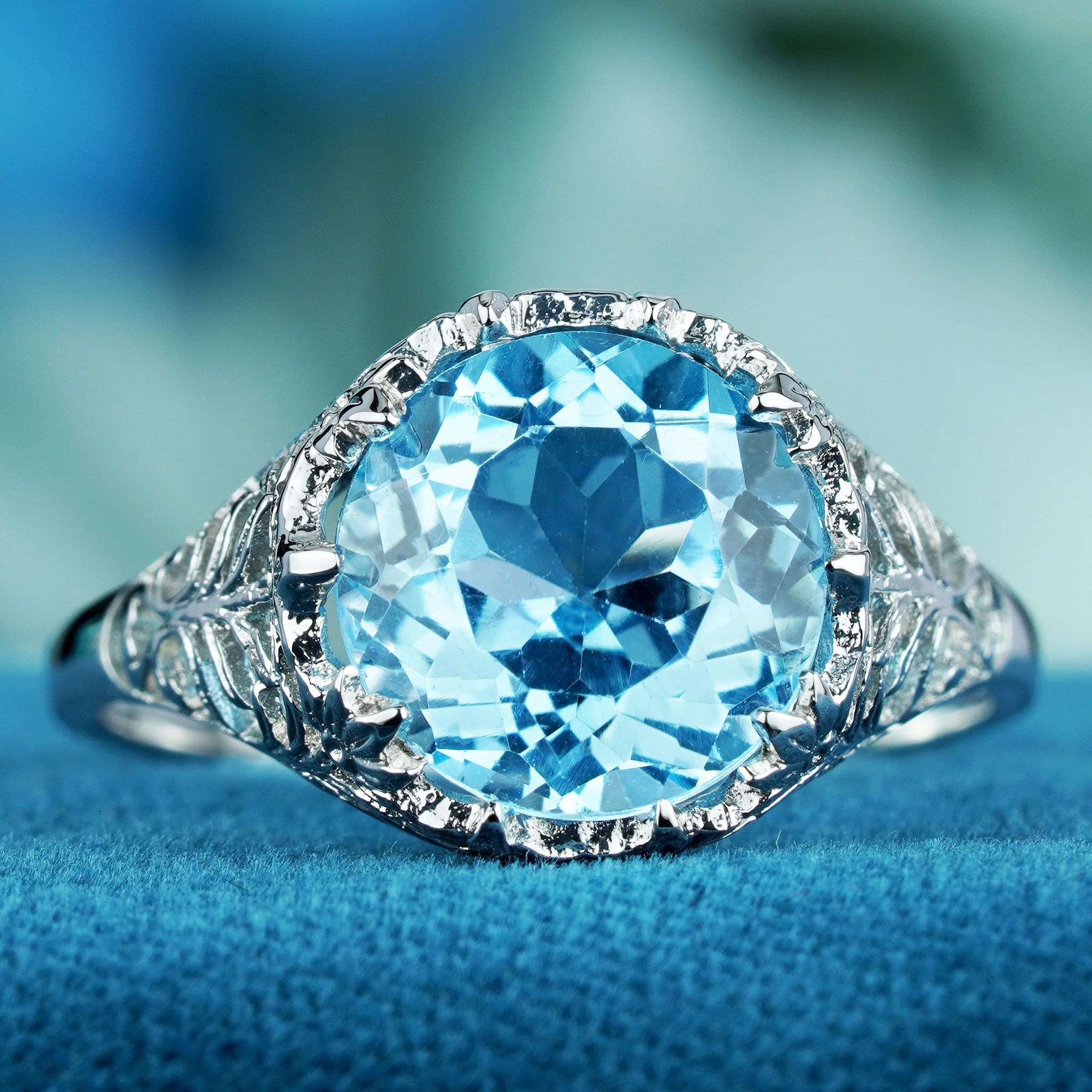 For Sale:  4.5 Ct. Natural Round Blue Topaz Vintage Style Ring in Solid 9K White Gold 3