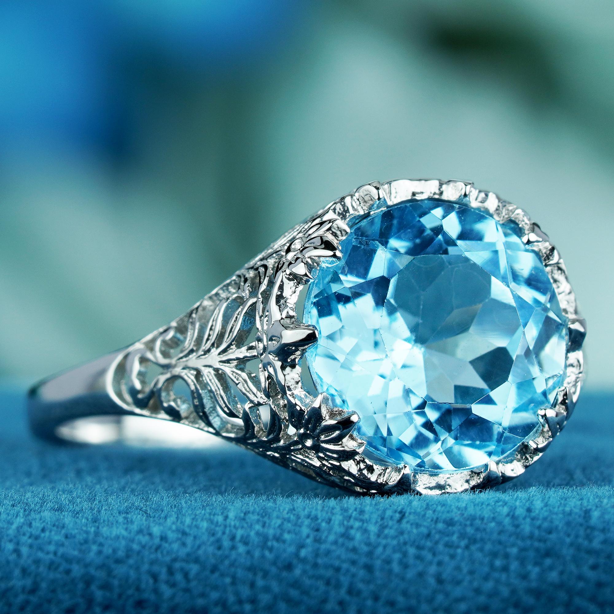 Édouardien 4.5 Ct. Bague de style vintage en or blanc massif 9 carats avec topaze bleue ronde naturelle en vente