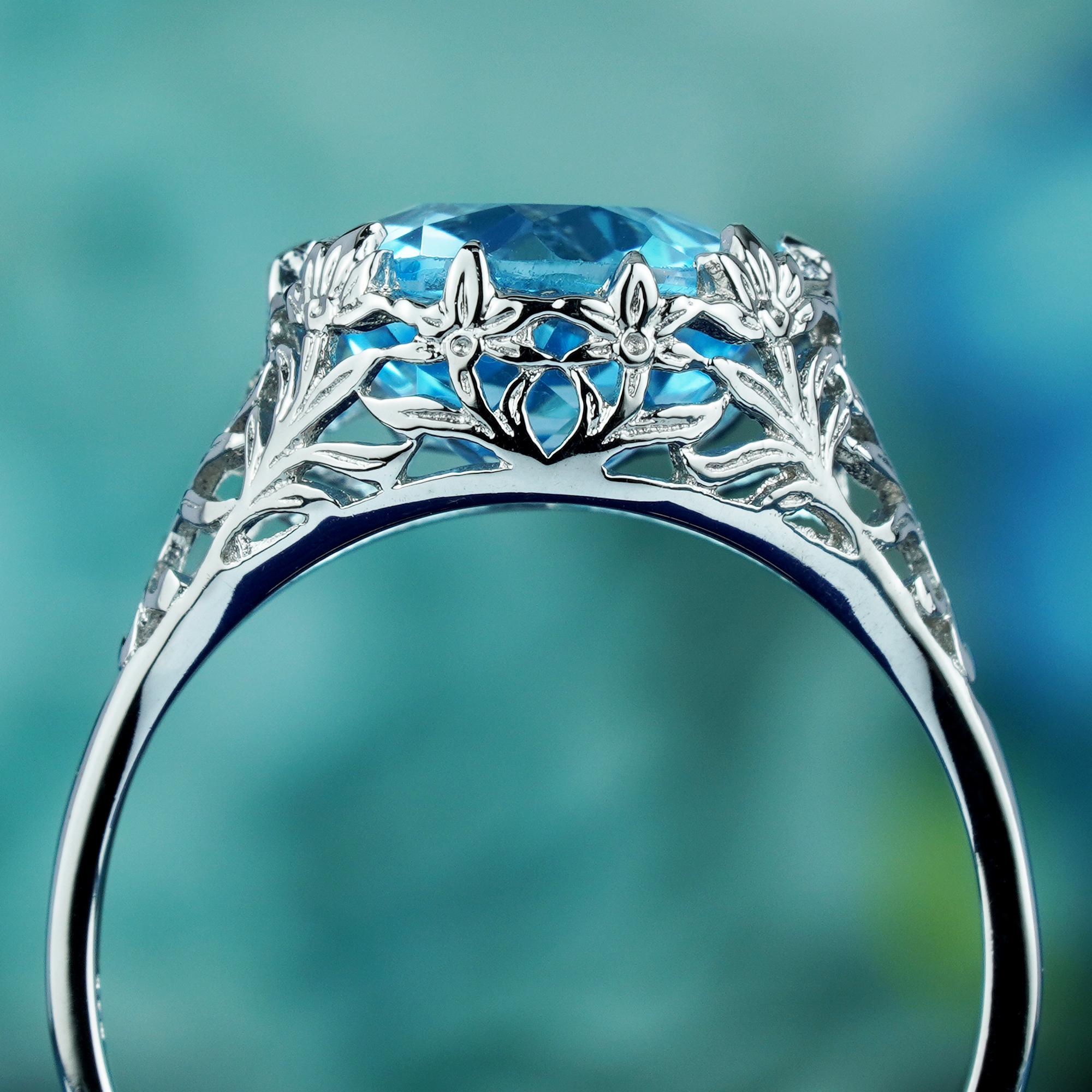 4.5 Ct. Bague de style vintage en or blanc massif 9 carats avec topaze bleue ronde naturelle Neuf - En vente à Bangkok, TH