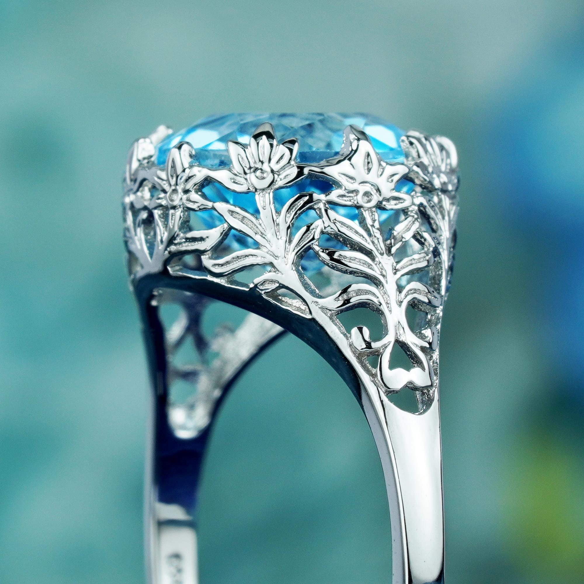 4.5 Ct. Bague de style vintage en or blanc massif 9 carats avec topaze bleue ronde naturelle Pour hommes en vente