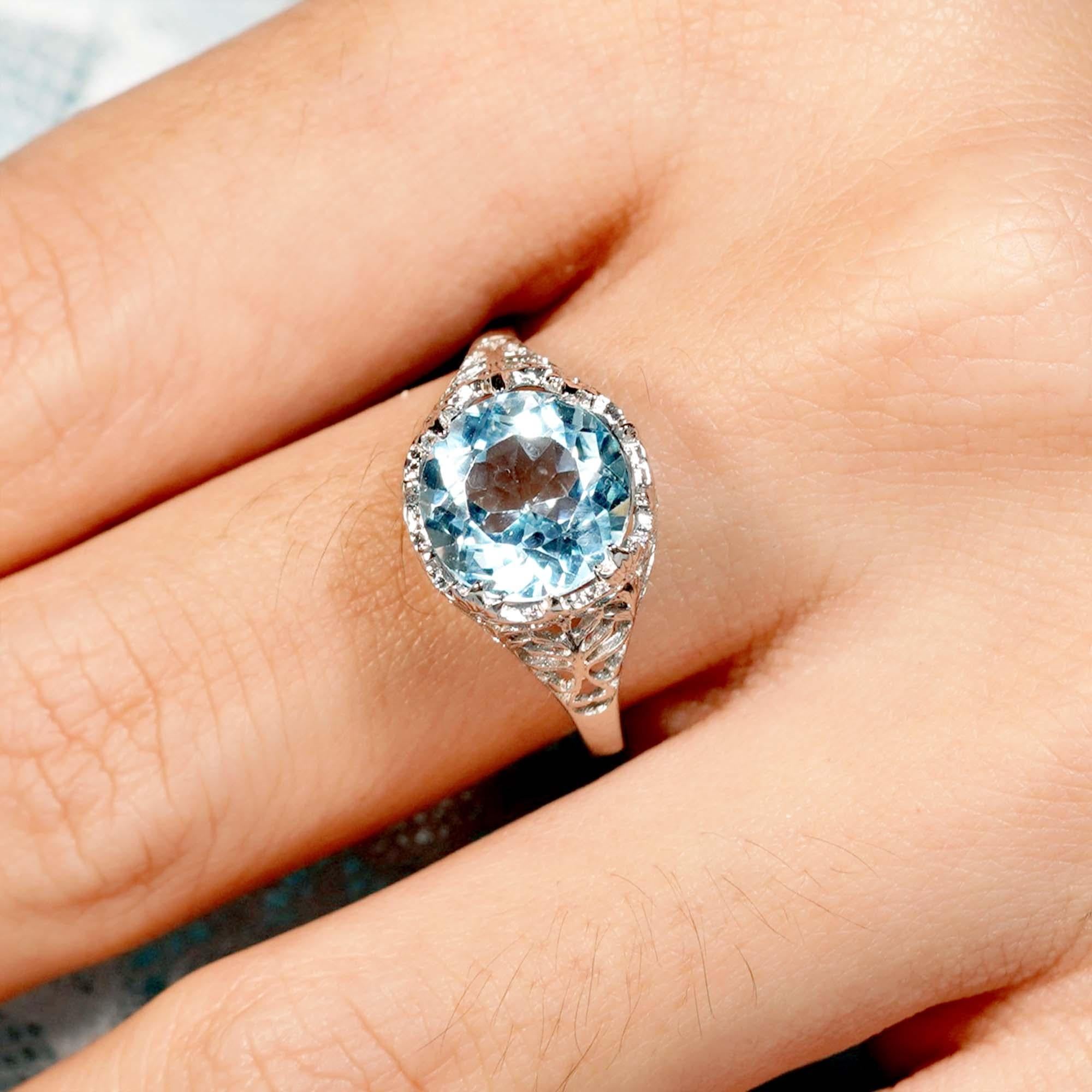 For Sale:  4.5 Ct. Natural Round Blue Topaz Vintage Style Ring in Solid 9K White Gold 8