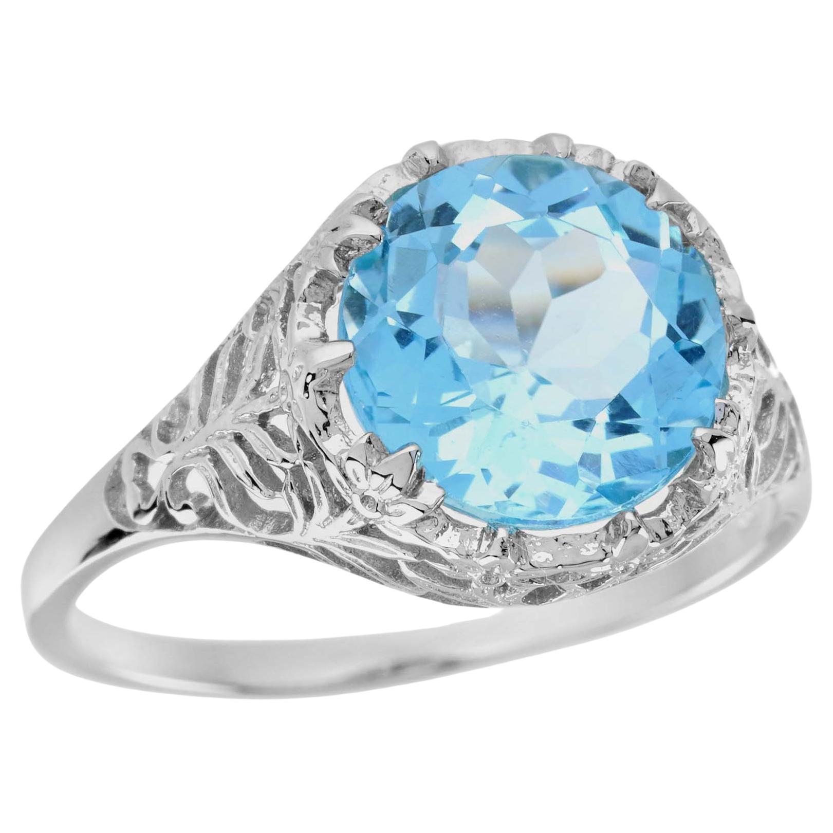 For Sale:  4.5 Ct. Natural Round Blue Topaz Vintage Style Ring in Solid 9K White Gold