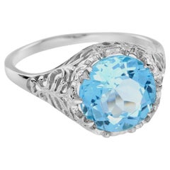 4,5 ct. Ring aus massivem 9K Weißgold mit natürlichem, rundem blauem Topas im Vintage-Stil