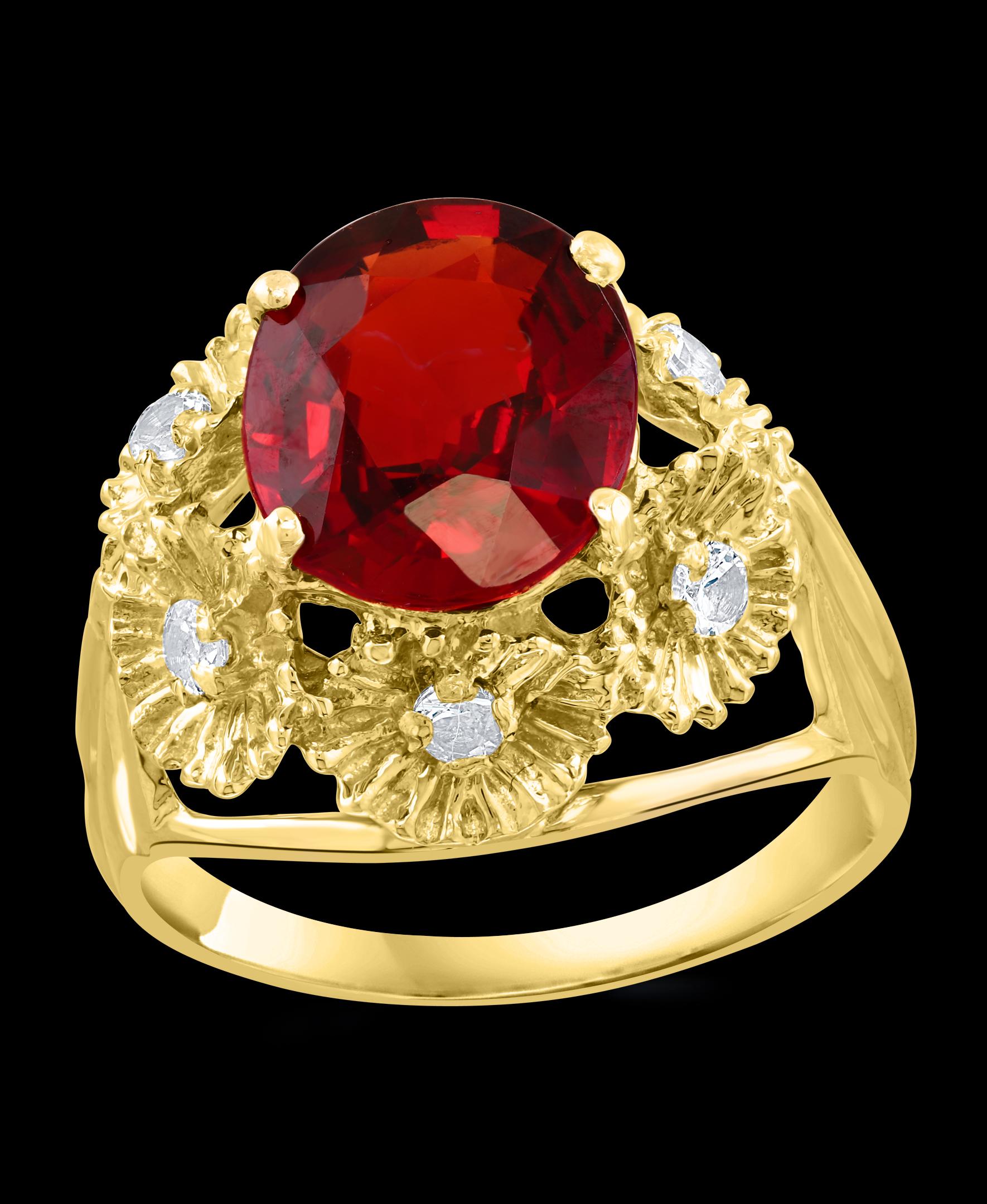 4.5 Ct Natural Spessartine Garnet & Diamond Ring 18 Karat Yellow Gold size 7.25
A classic, Cocktail ring 
9.5 X 11  Oval cut  Spessartine Garnet     & Diamond Ring 18 Karat Yellow Gold Size 7.25
Very Rare and Popular stone , the color  luster and