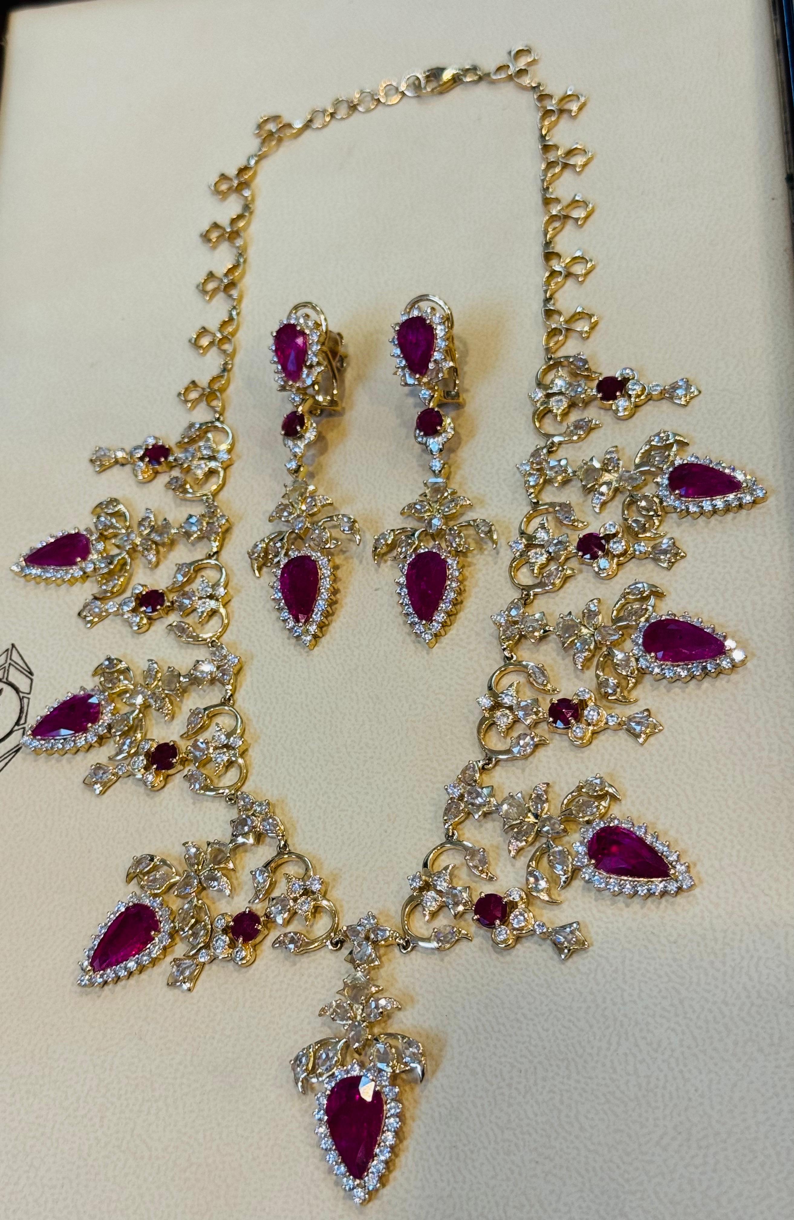 45 Ct Pear Cut Ruby & 22 Ct Rose cut Diamond Necklace Suite 18 Kt Gold, Bridal For Sale 7