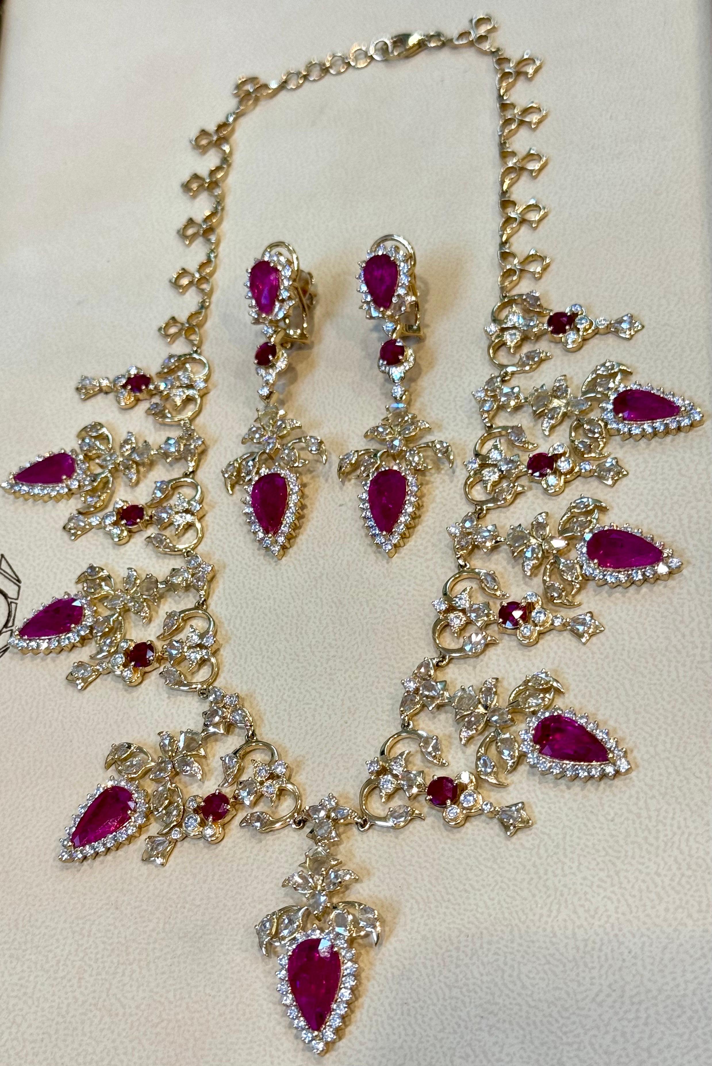 45 Ct Pear Cut Ruby & 22 Ct Rose cut Diamond Necklace Suite 18 Kt Gold, Bridal For Sale 11