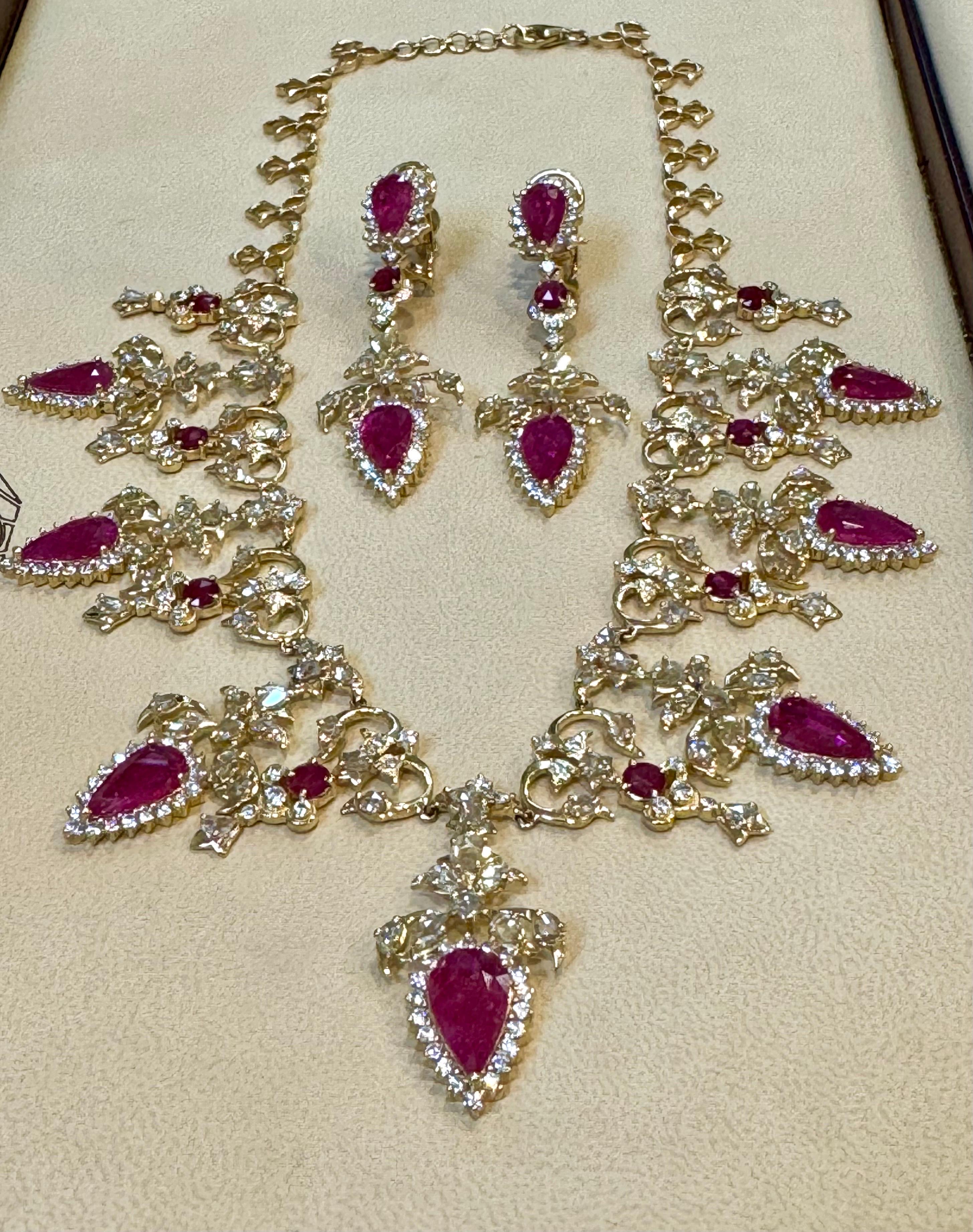 45 Ct Pear Cut Ruby & 22 Ct Rose cut Diamond Necklace Suite 18 Kt Gold, Bridal For Sale 12