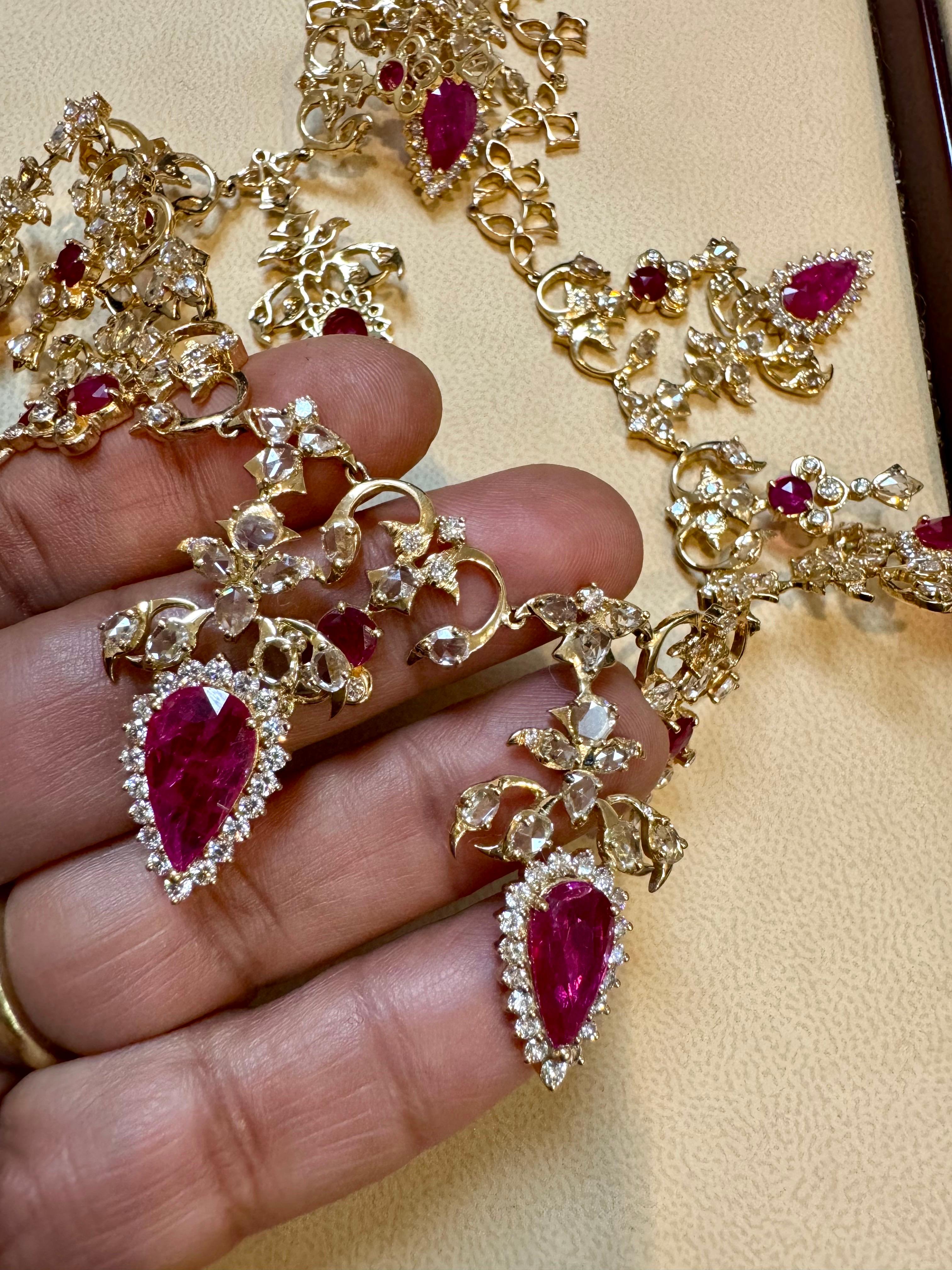 45 Ct Pear Cut Ruby & 22 Ct Rose cut Diamond Necklace Suite 18 Kt Gold, Bridal For Sale 13