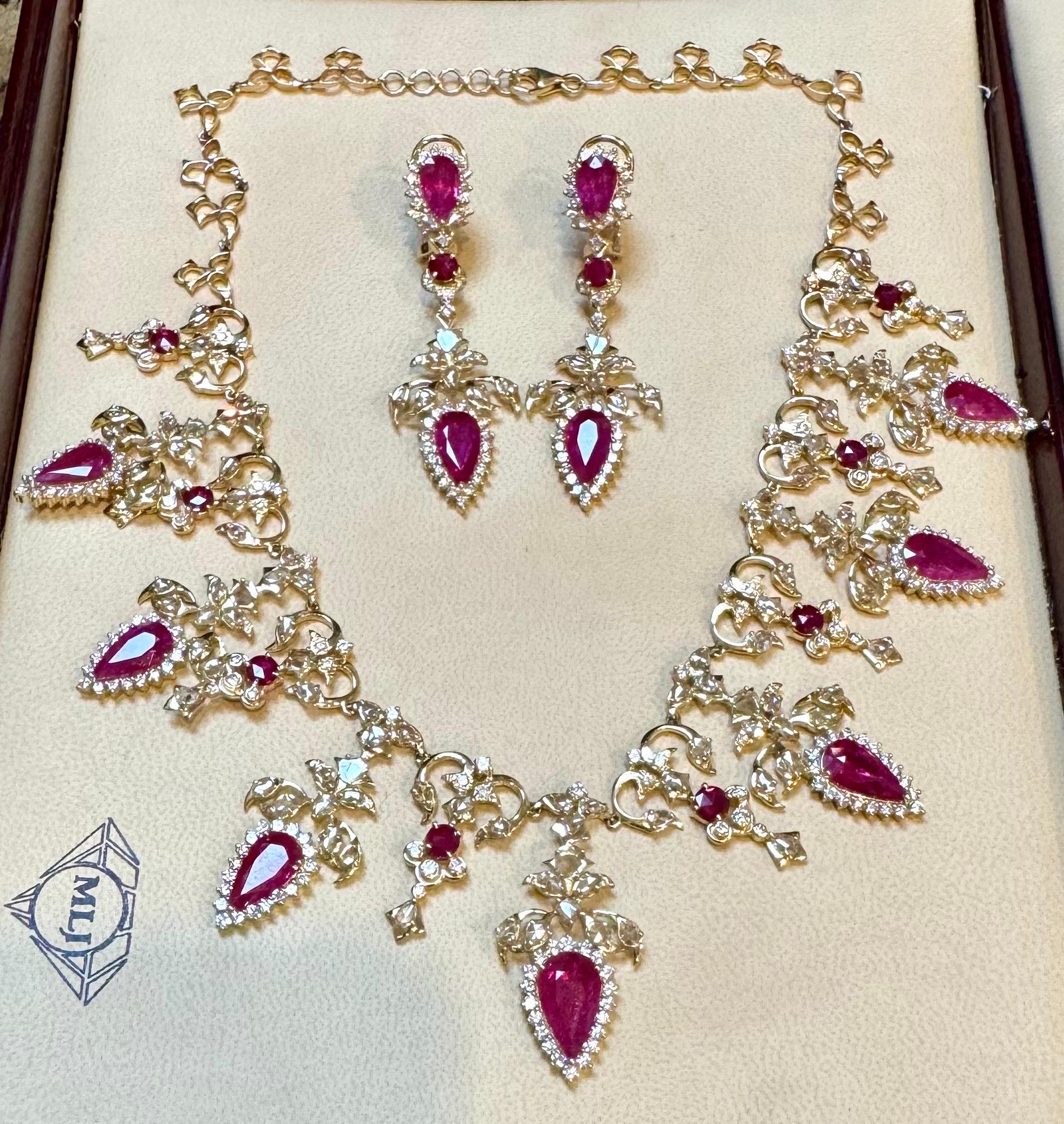 45 Ct Pear Cut Ruby & 22 Ct Rose cut Diamond Necklace Suite 18 Kt Gold, Bridal For Sale 14