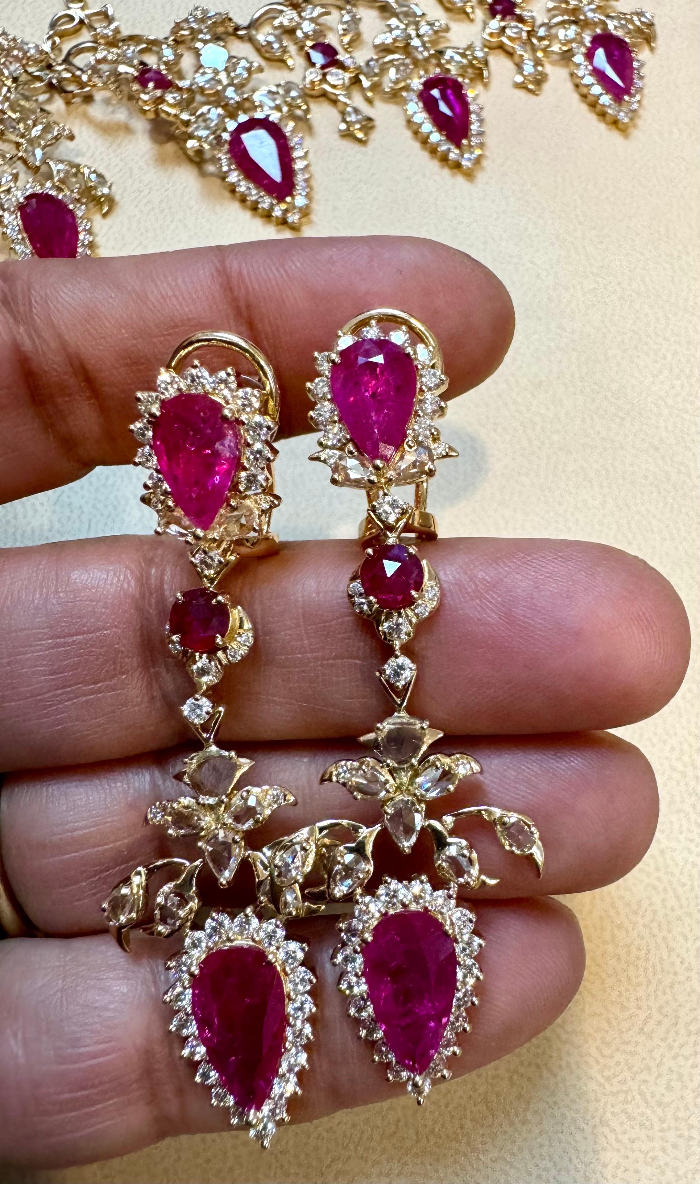 45 Ct Pear Cut Ruby & 22 Ct Rose cut Diamond Necklace Suite 18 Kt Gold, Bridal For Sale 15