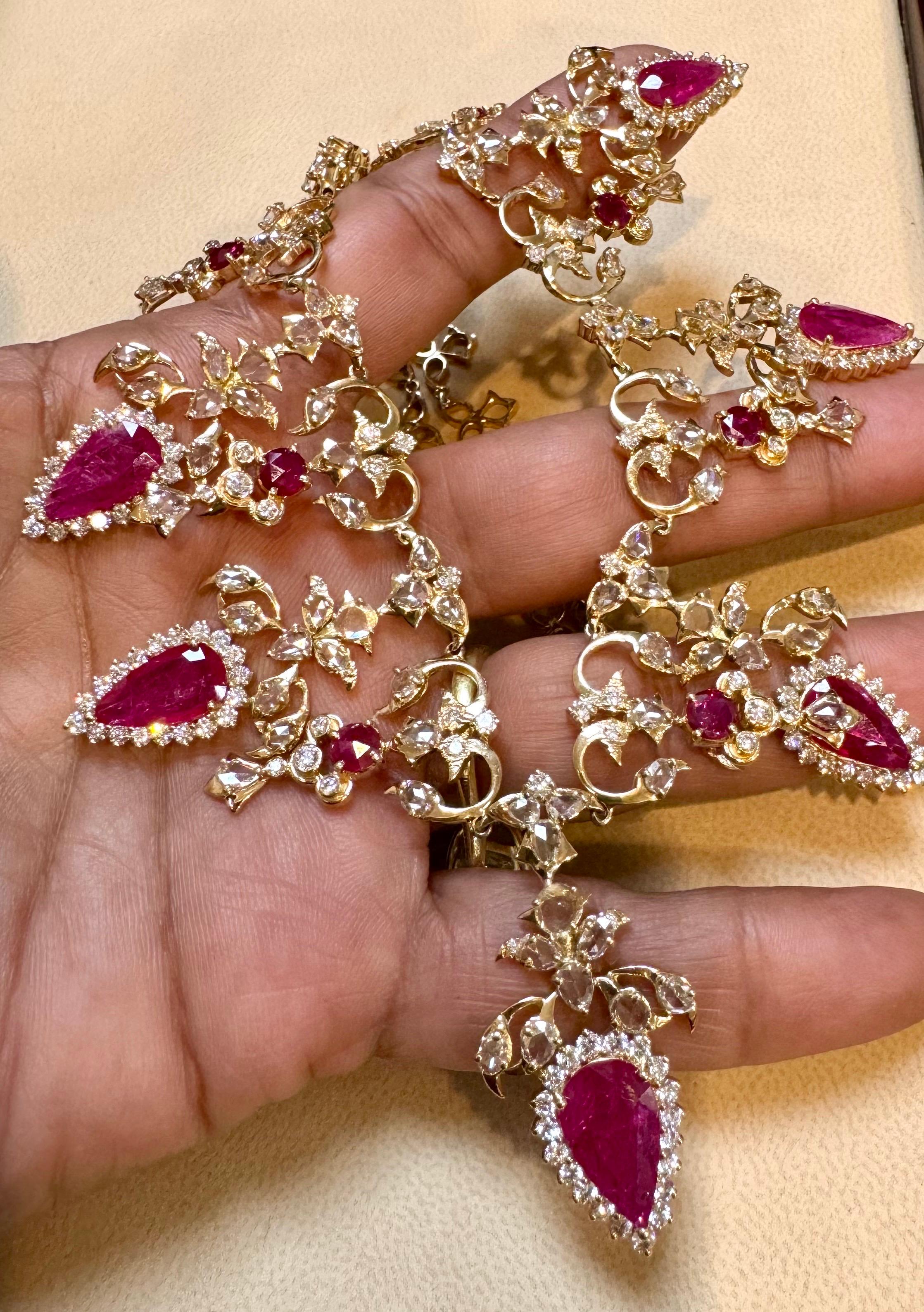 45 Ct Pear Cut Ruby & 22 Ct Rose cut Diamond Necklace Suite 18 Kt Gold, Bridal For Sale 16