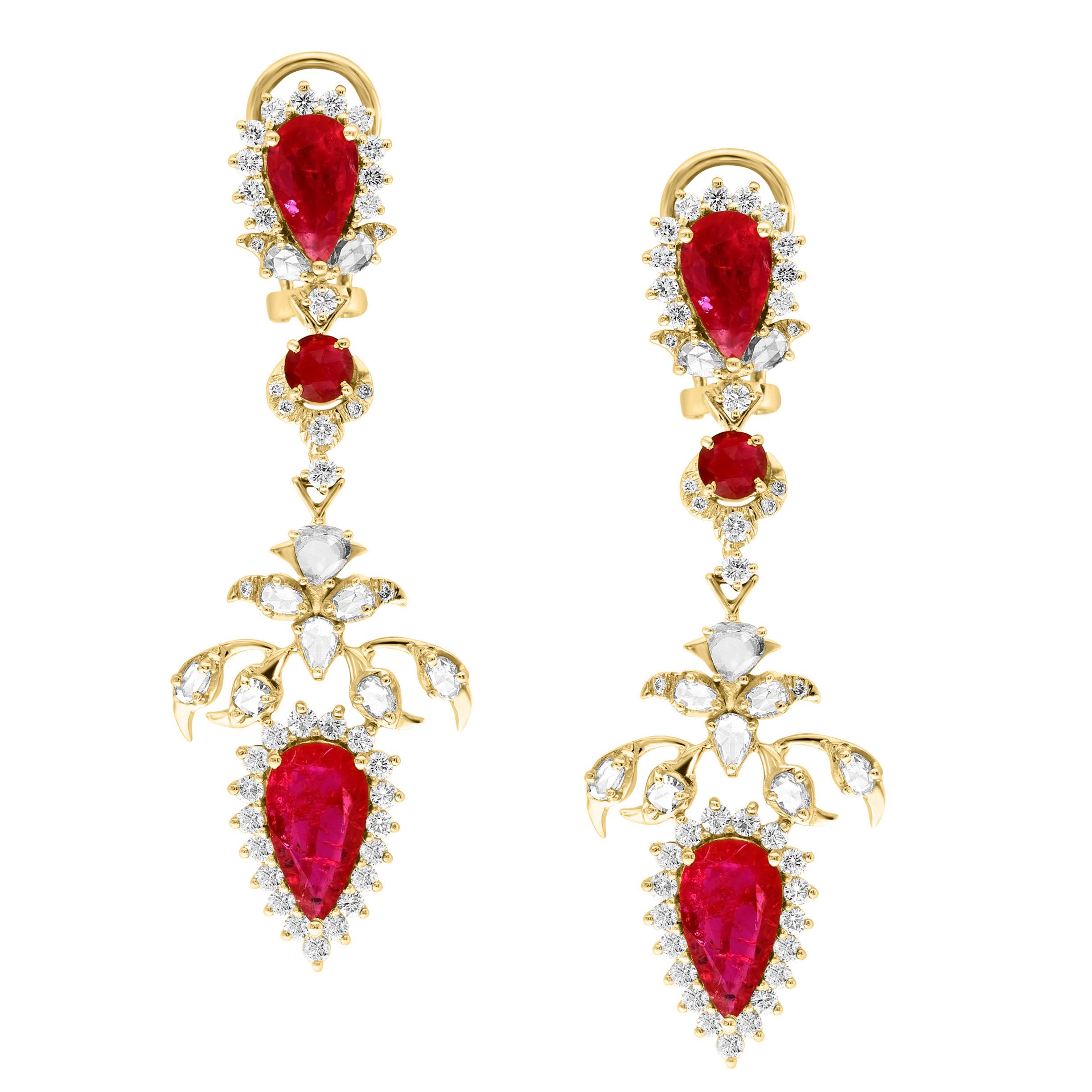 Women's 45 Ct Pear Cut Ruby & 22 Ct Rose cut Diamond Necklace Suite 18 Kt Gold, Bridal For Sale