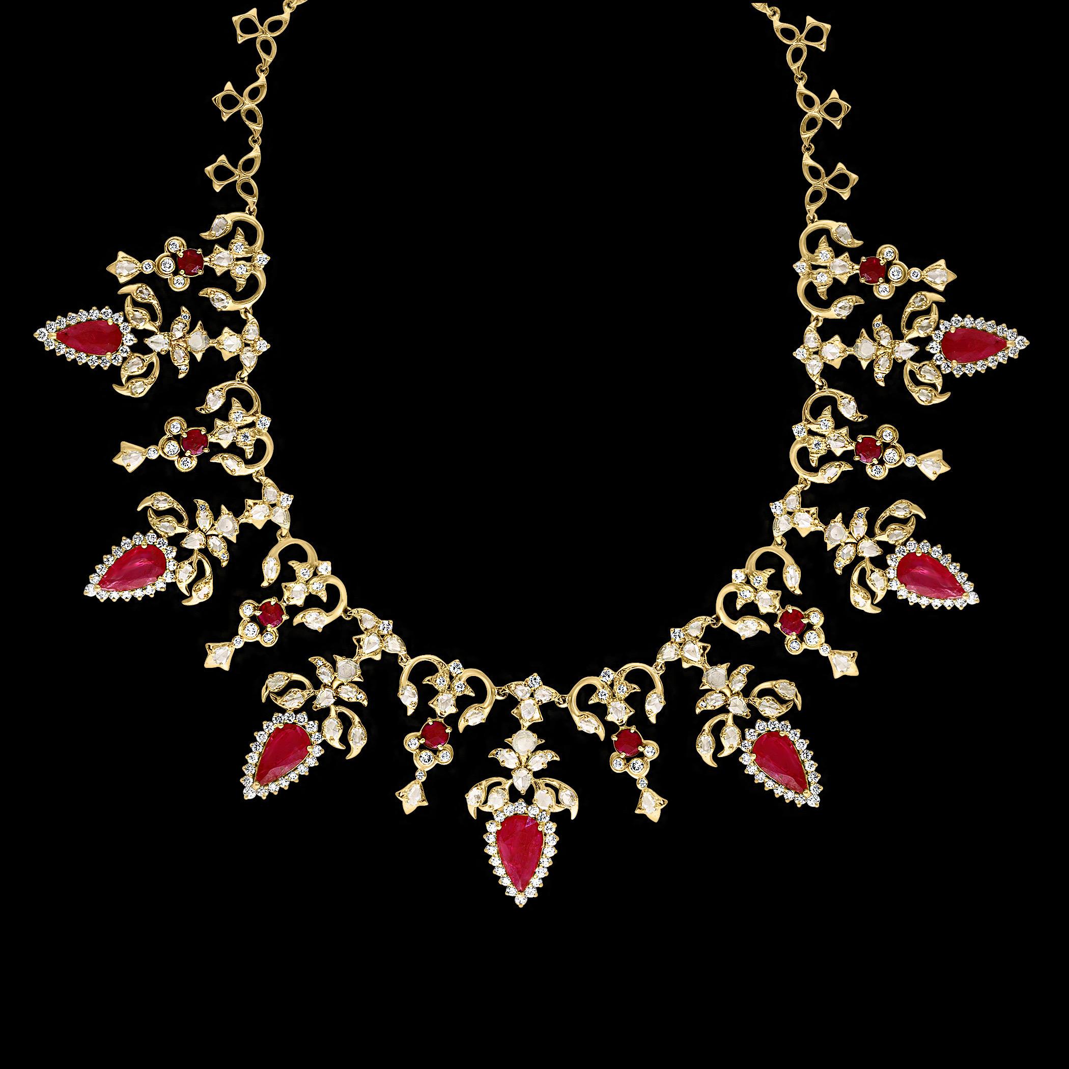 45 Ct Pear Cut Ruby & 22 Ct Rose cut Diamond Necklace Suite 18 Kt Gold, Bridal For Sale 5