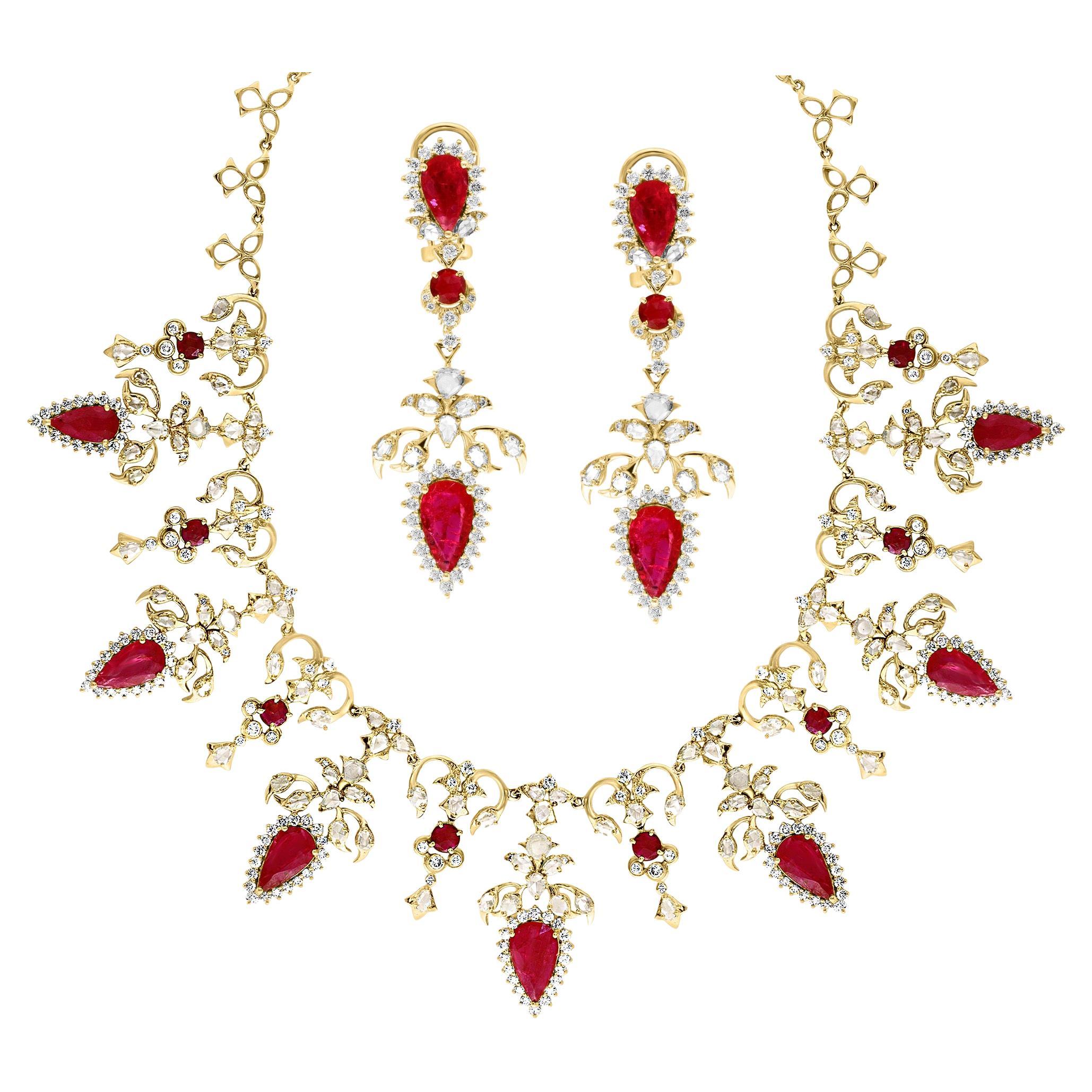 45 Ct Pear Cut Ruby & 22 Ct Rose cut Diamond Necklace Suite 18 Kt Gold, Bridal
