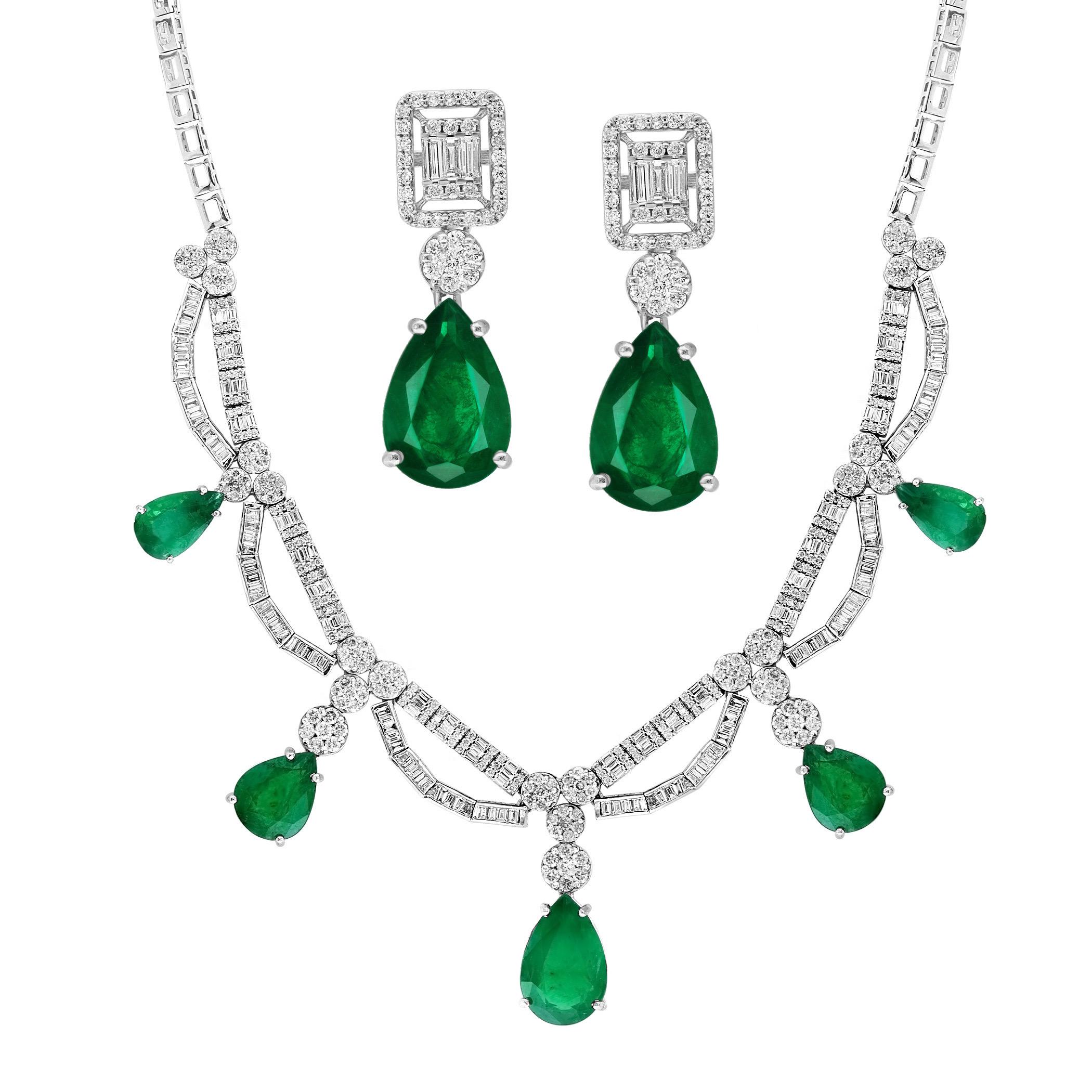 45 ct Zambian Emerald and 12 ct Diamond Necklace and Earring Bridal Suite
