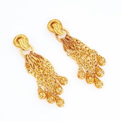 4.5" Gold Chain Dangle Earrings With Filigree Balls, 1960s