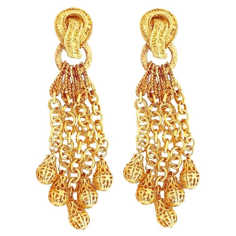 4.5" Gold Chain Dangle Earrings With Filigree Balls, 1960s at 1stDibs