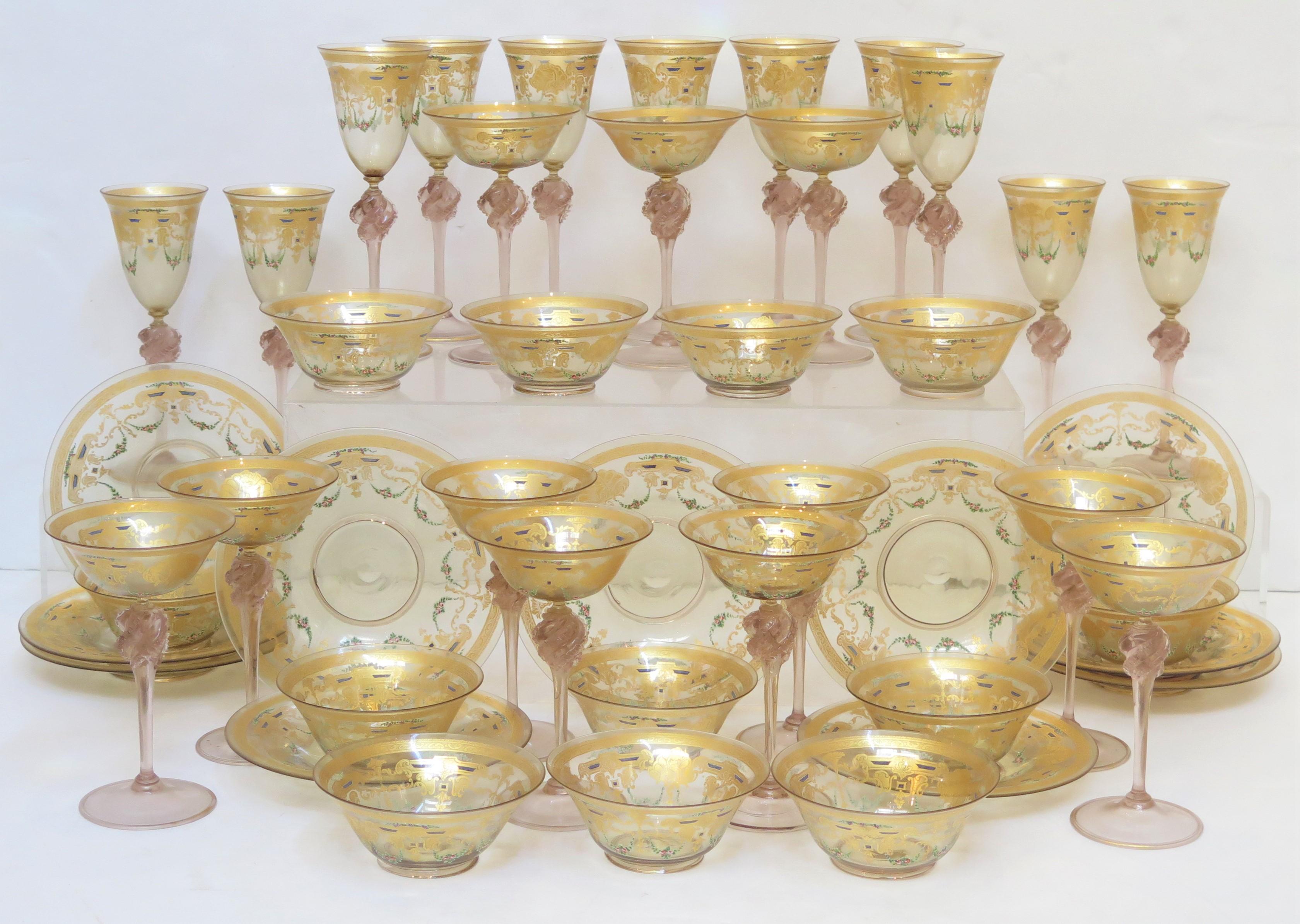 45 Group of Venetian Murano Glass Stemware with Gilt and Hand-Painted Decoration For Sale 5