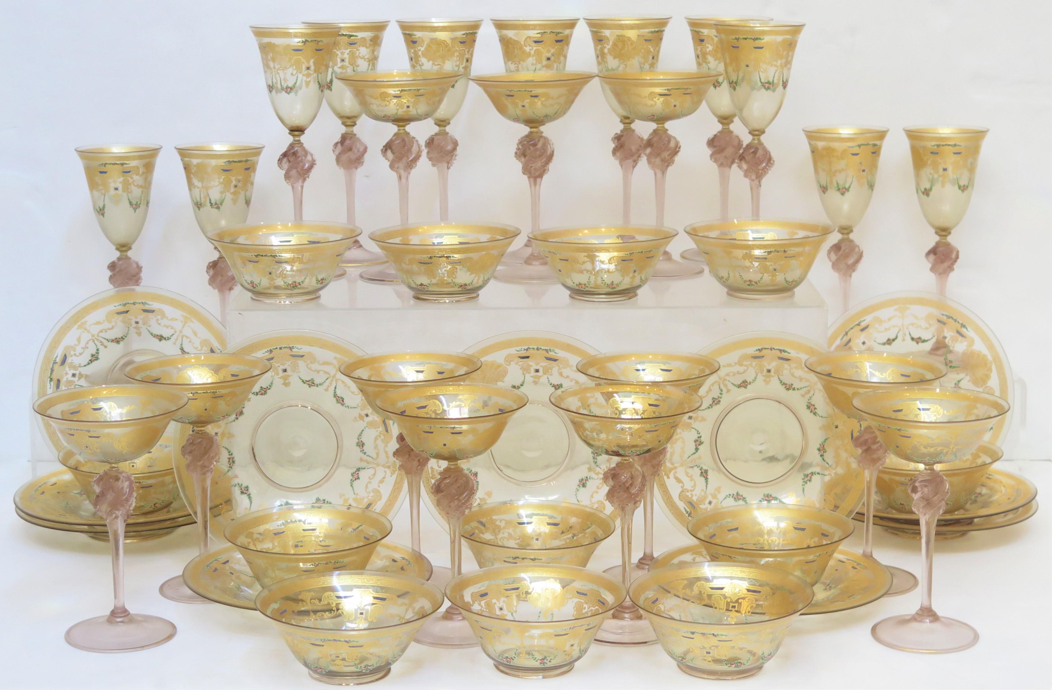 Italian 45 Group of Venetian Murano Glass Stemware with Gilt and Hand-Painted Decoration For Sale