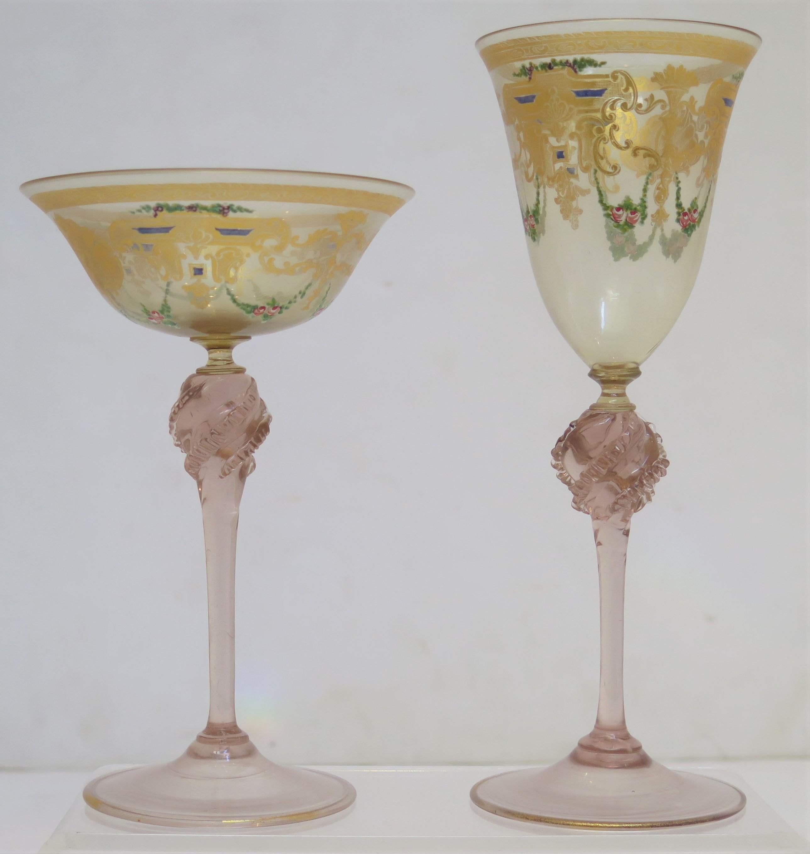 19th Century 45 Group of Venetian Murano Glass Stemware with Gilt and Hand-Painted Decoration For Sale
