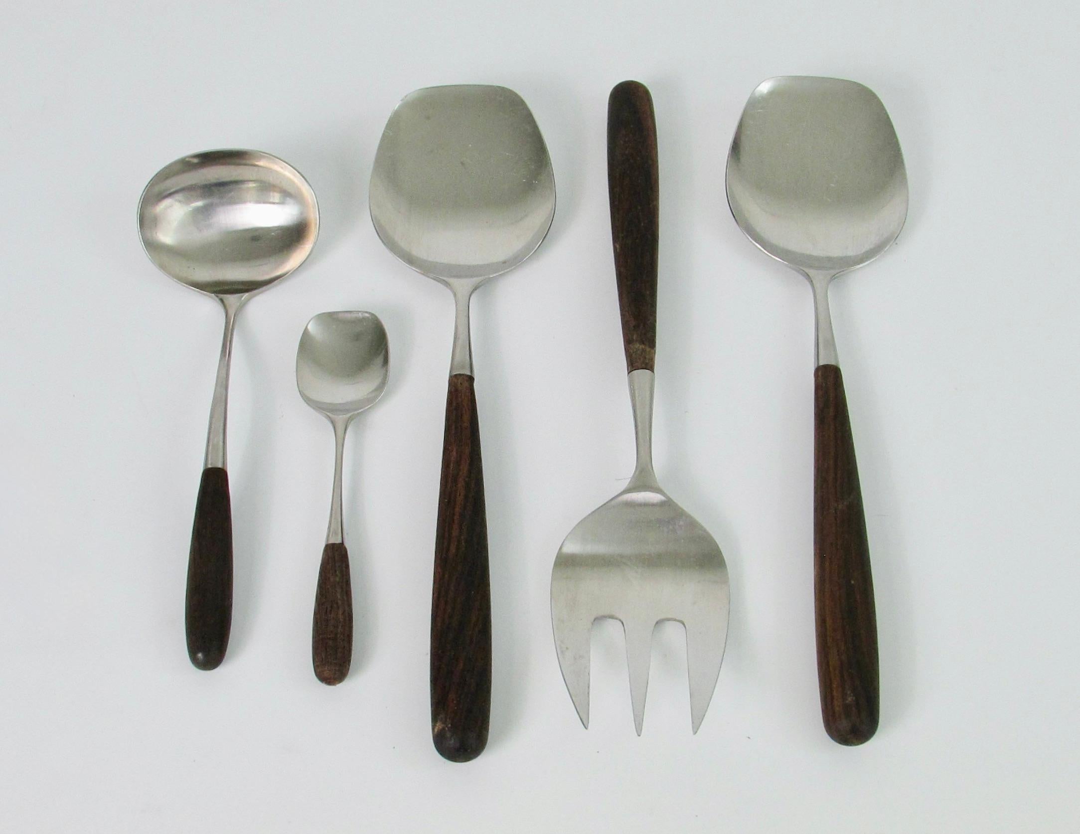 Mid-Century Modern 45 Piece Laufer Rosewood Handle Stainless Steel Flatware Service for Eight For Sale