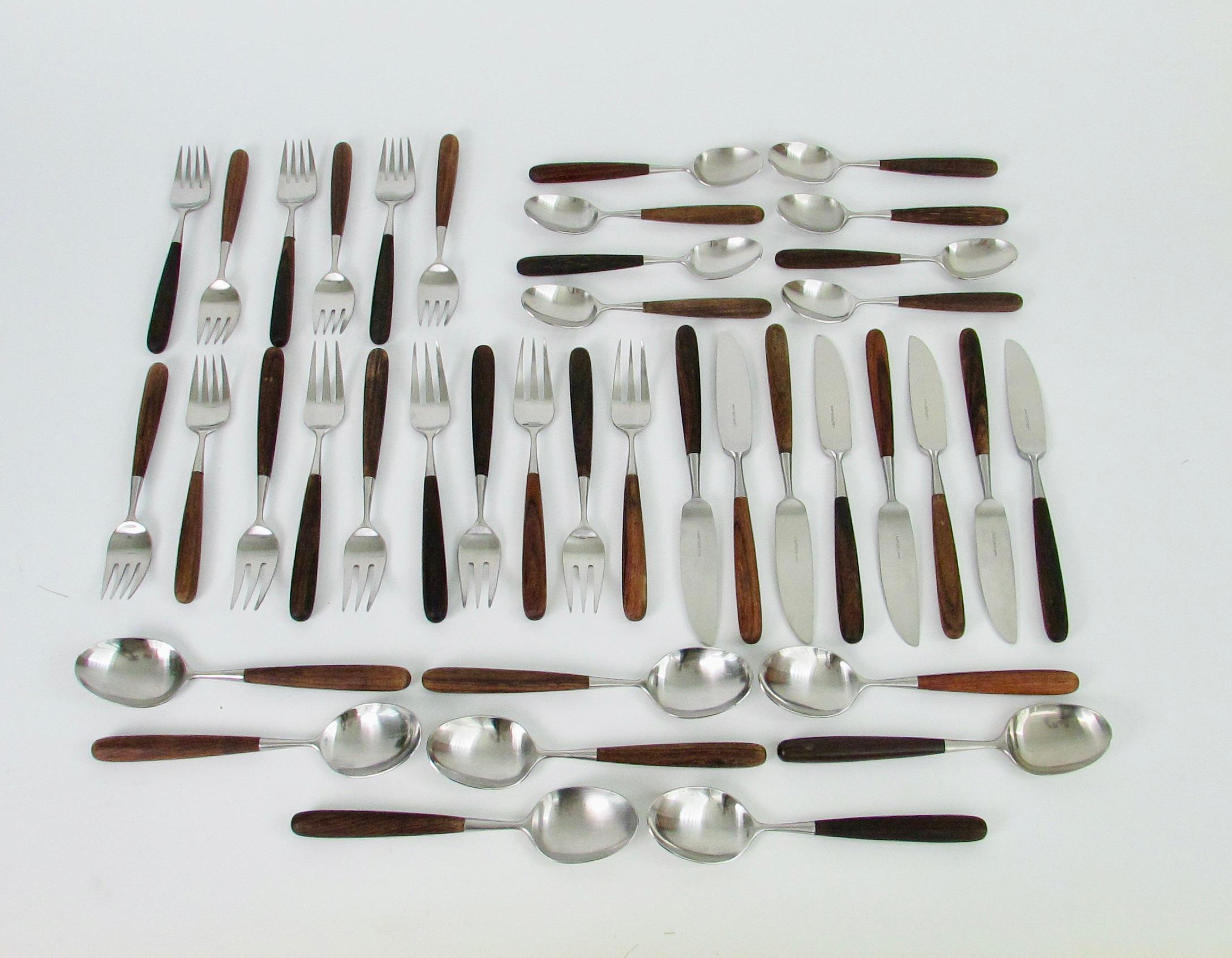 Polished 45 Piece Laufer Rosewood Handle Stainless Steel Flatware Service for Eight For Sale