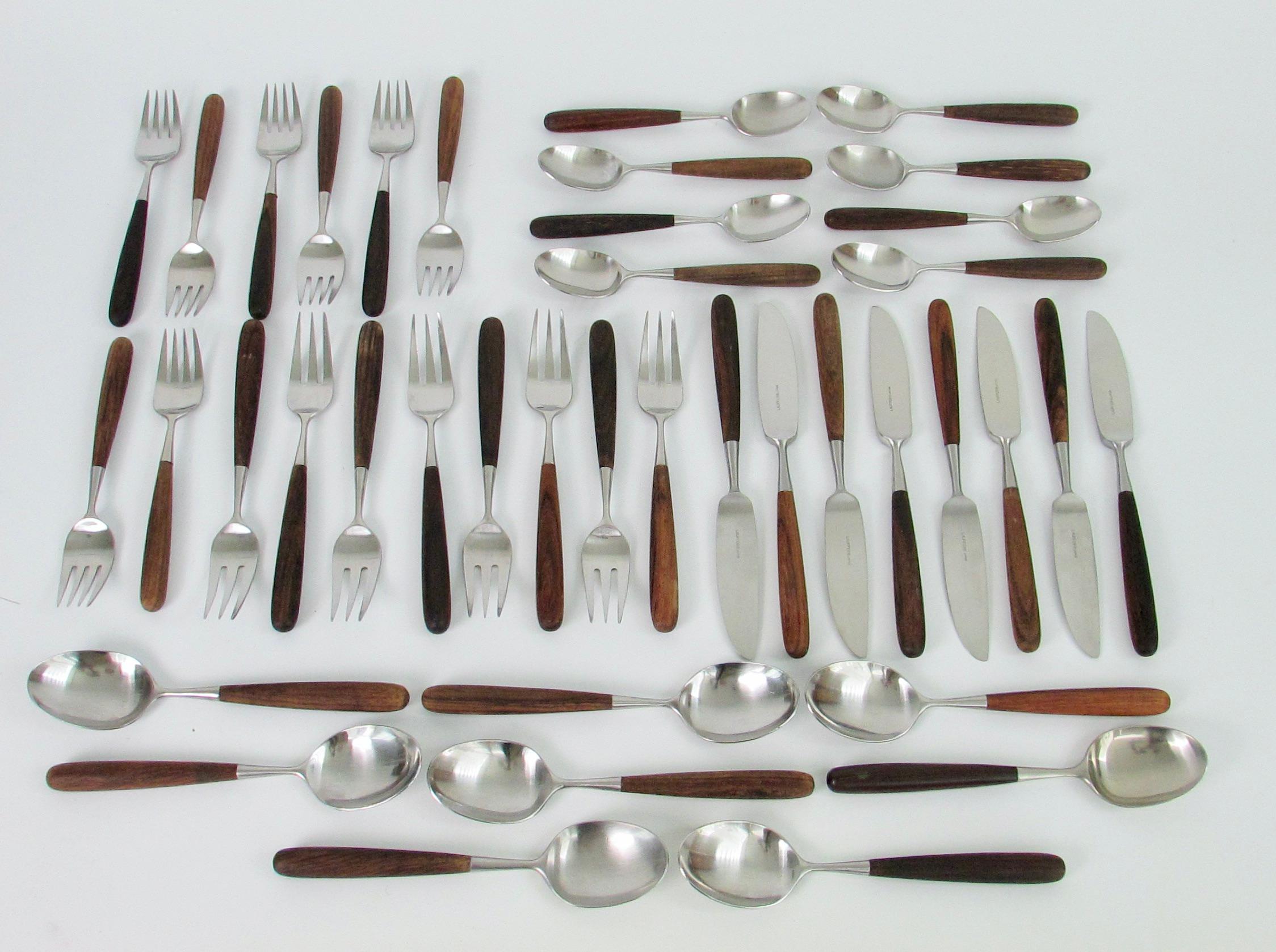 45 Piece Laufer Rosewood Handle Stainless Steel Flatware Service for Eight In Good Condition For Sale In Ferndale, MI