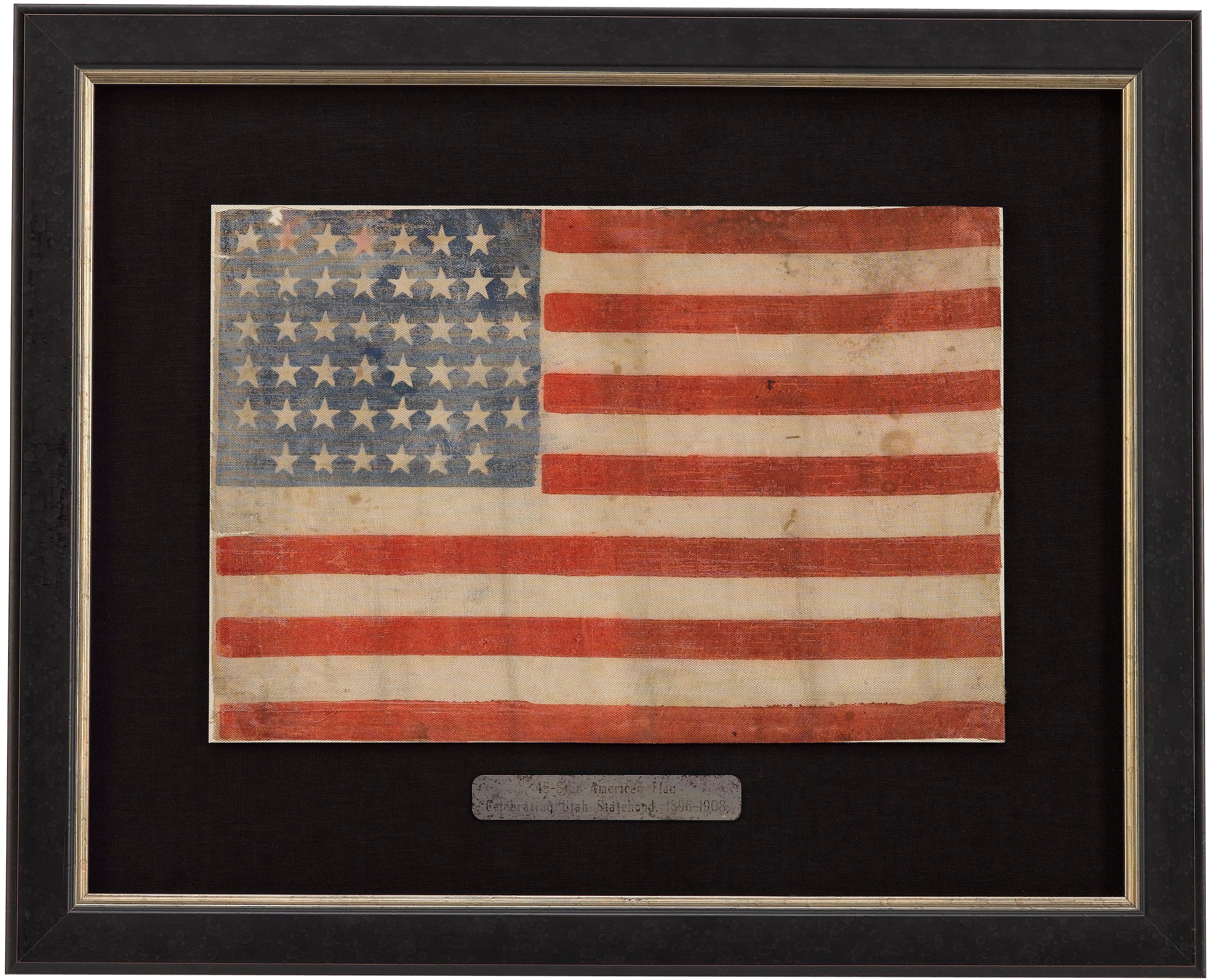 This 45-star United States flag celebrates the statehood of Utah. 45-star flags served as the official American flag from 1896-1908. This particular flag was flown as a parade flag. The stars on the flag’s bright blue canton are arranged in six rows
