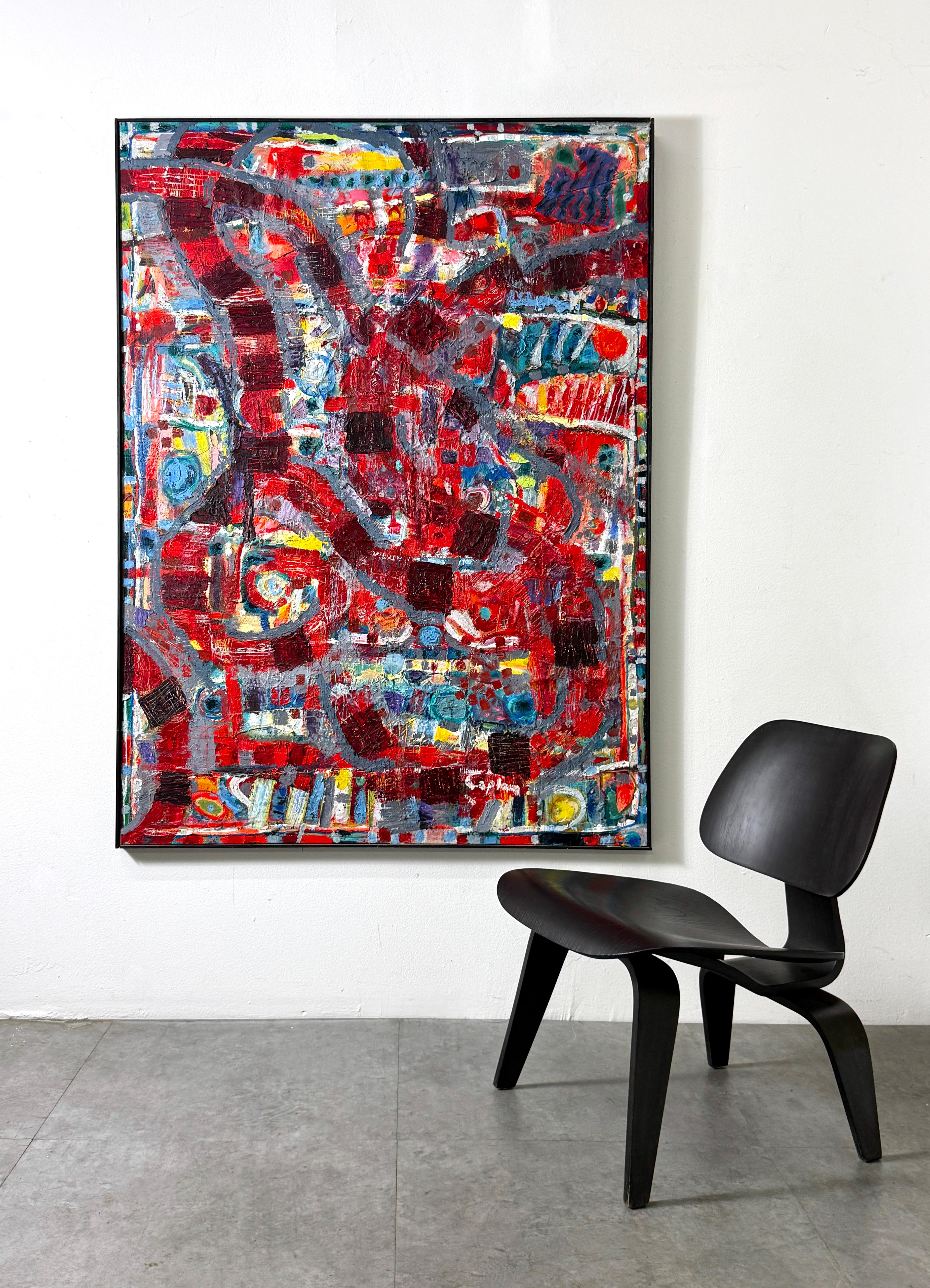 Großes abstraktes expressionistisches Gemälde des Künstlers Nathan Caplan aus Michigan
Unbetitelt 1981 - 1996

Eine dynamische Komposition aus kräftigen Rottönen mit Blau- und Gelbtönen
Hochdimensional mit sich überlappenden Leinwandstreifen und