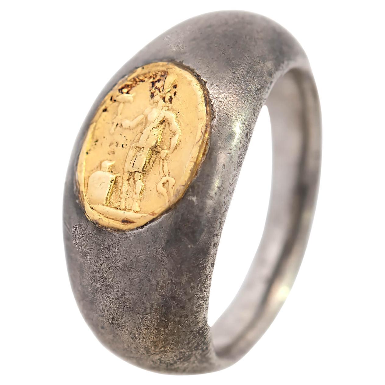 450 AD Silver + 22k Roman Signet Ring For Sale