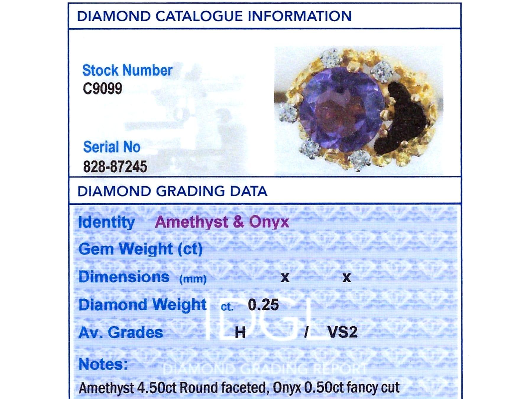 4.50 Carat Amethyst 0.50 Carat Onyx 0.25 Carat Diamond 18k Yellow Gold Ring For Sale 6