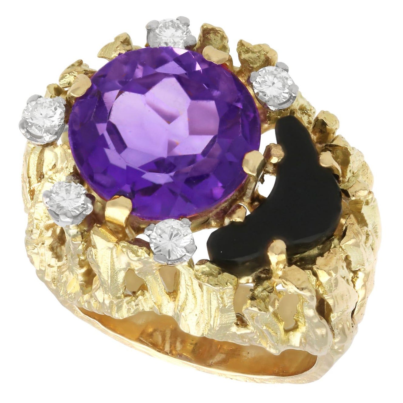 Anello in oro giallo 18k con ametista da 4,50 carati e onice da 0,50 carati e diamante da 0,25 carati