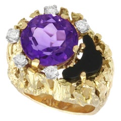 4.50 Carat Amethyst 0.50 Carat Onyx 0.25 Carat Diamond Yellow Gold Cocktail Ring