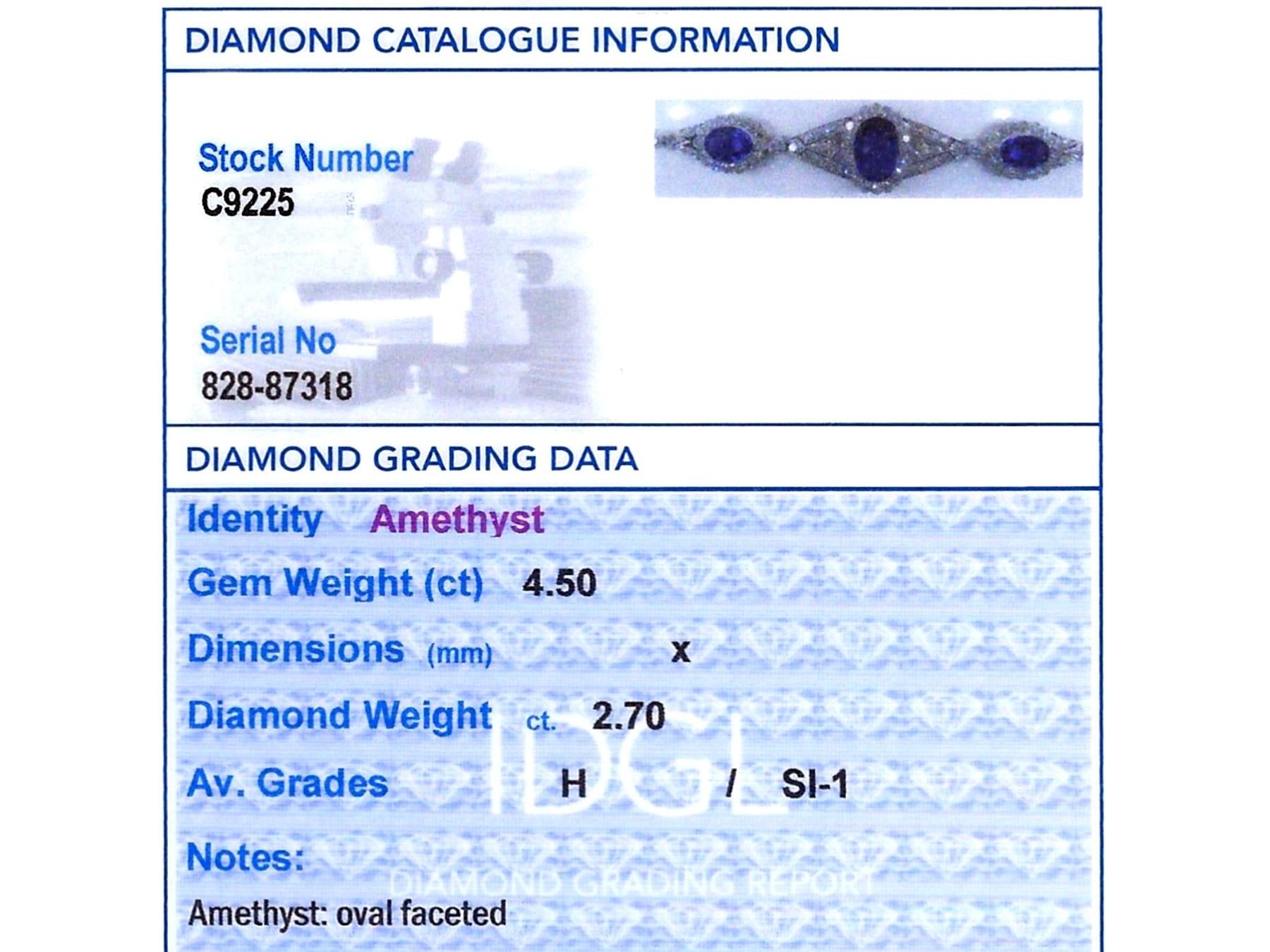 Bracelet en or blanc 18 carats avec améthyste de 4,50 carats et diamants de 2,70 carats, c. 1920 en vente 6