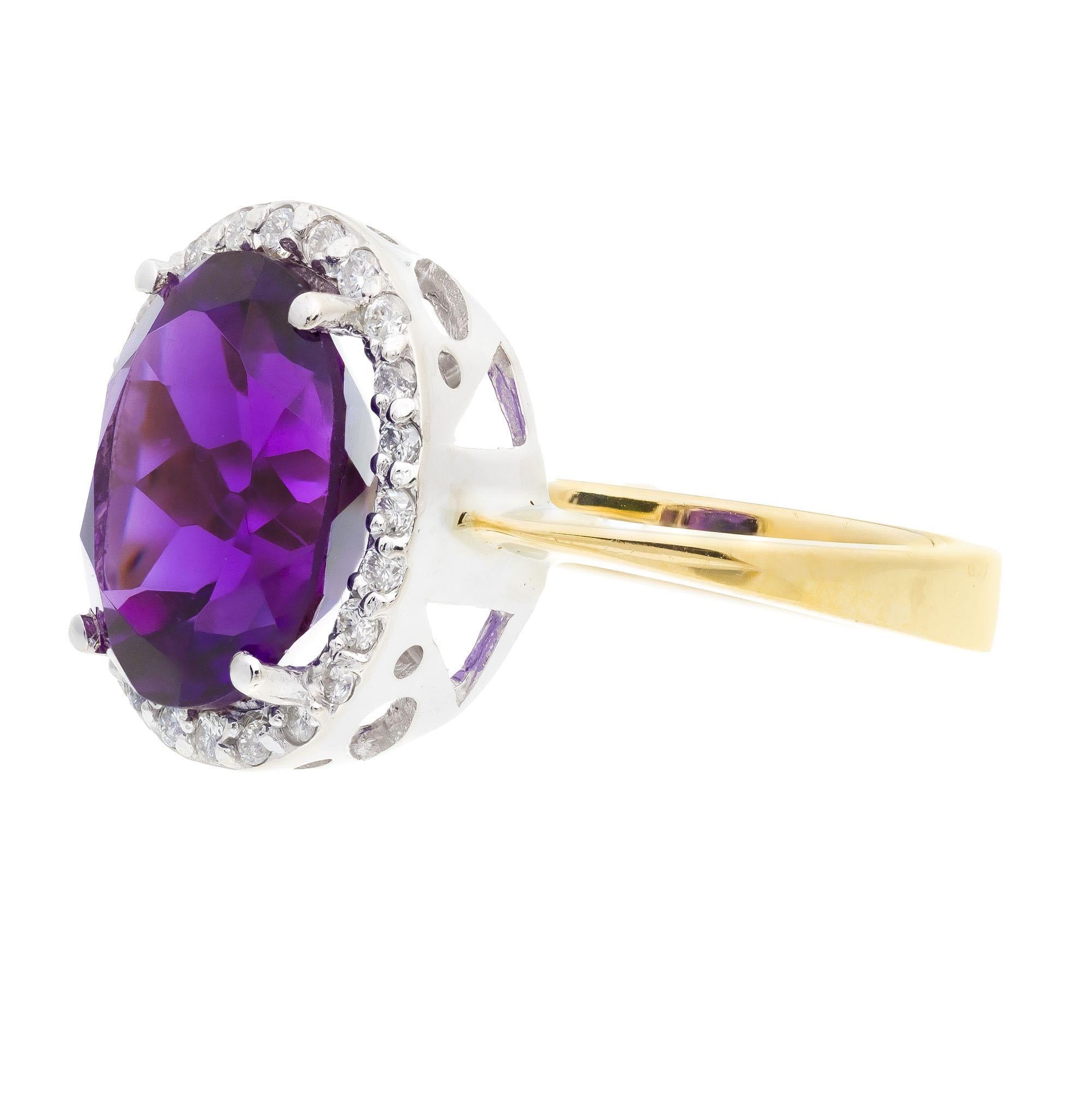 4.50 Carat Amethyst Diamond Halo Yellow Gold Cocktail Ring In Excellent Condition In Stamford, CT