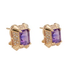 4.50 Carat Amethyst Diamond Yellow Gold Geometric Domed Earrings