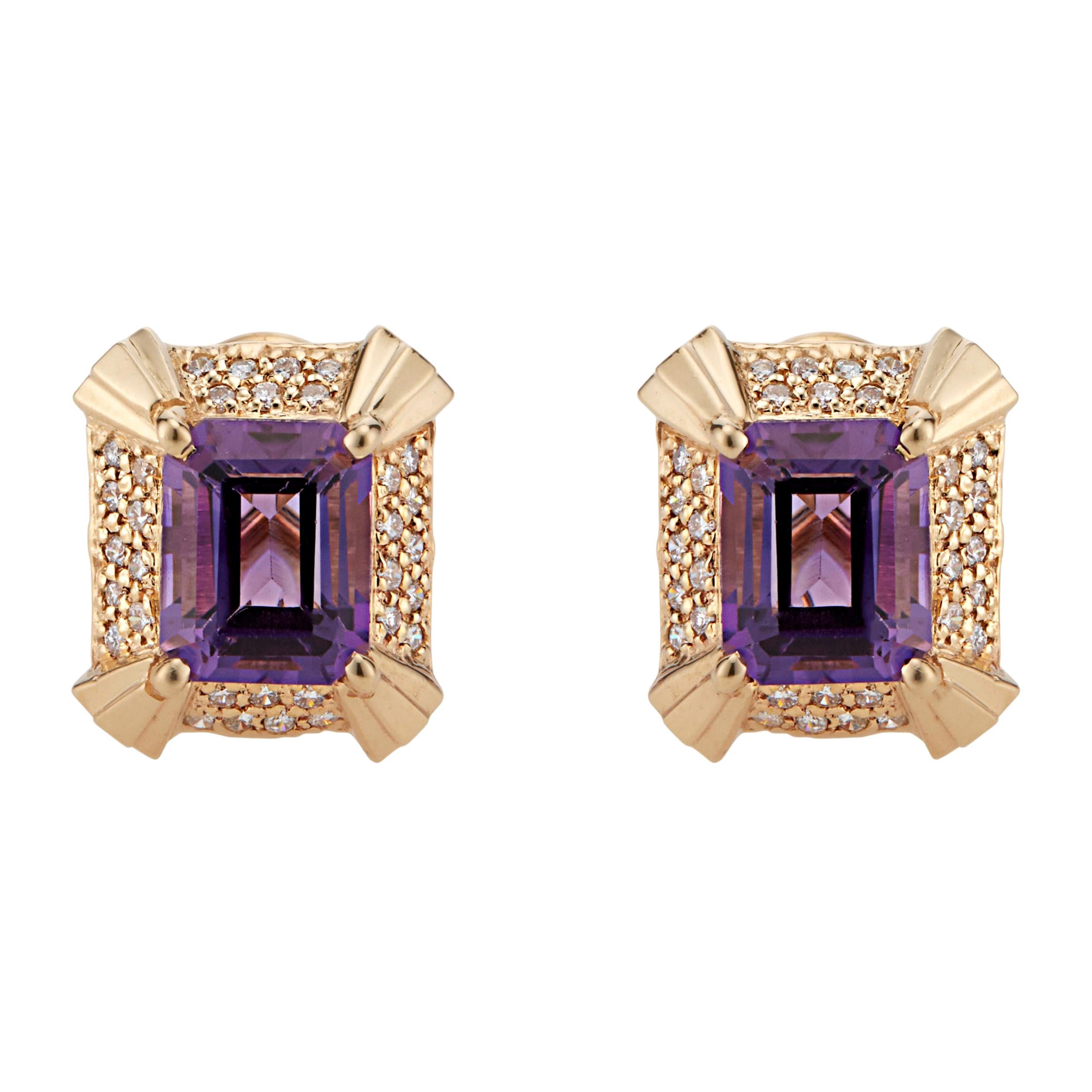 Geometrische gewölbte Ohrringe mit 4,50 Karat Amethyst und Diamant in Gelbgold im Angebot