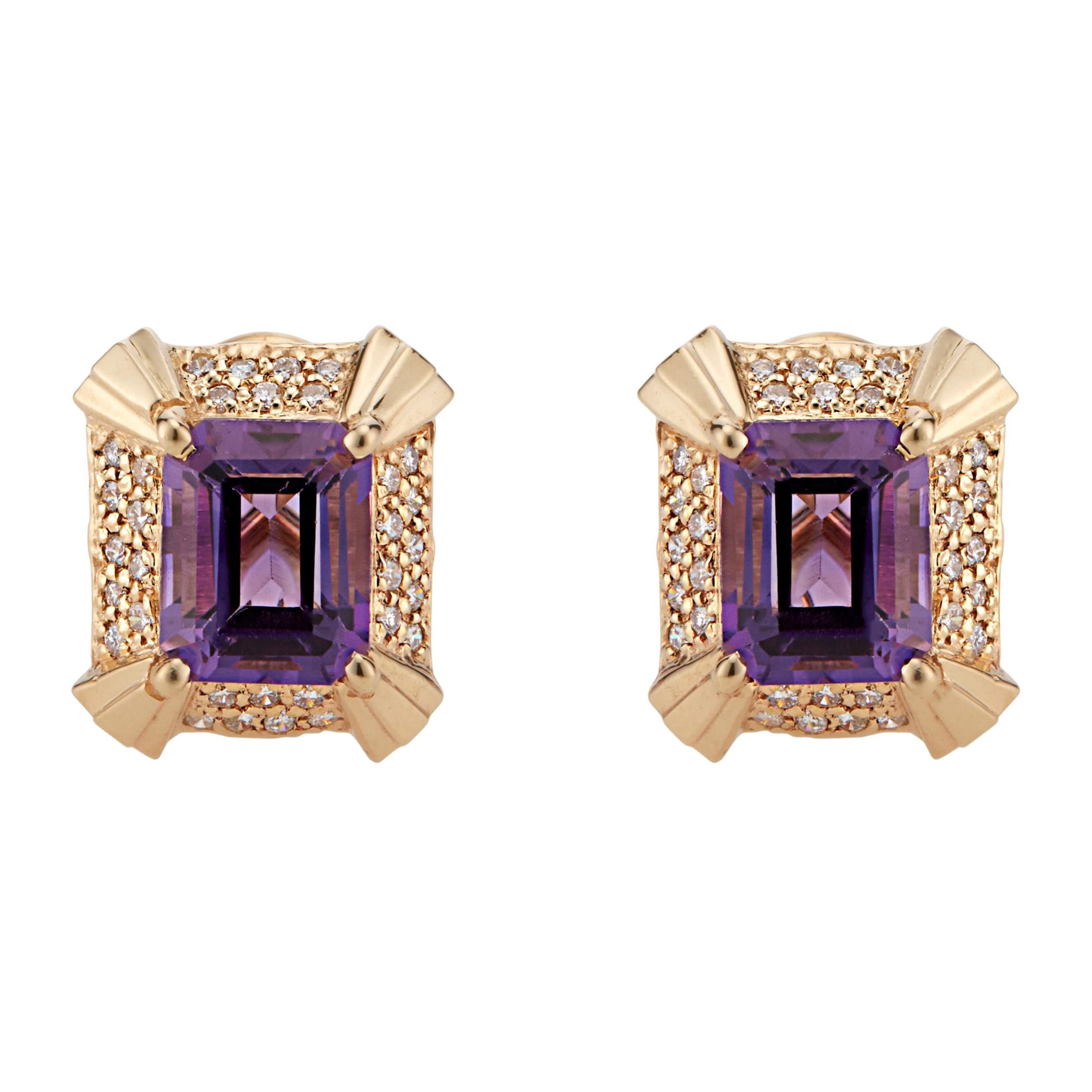 4.50 Carat Amethyst Diamond Yellow Gold Geometric Domed Earrings