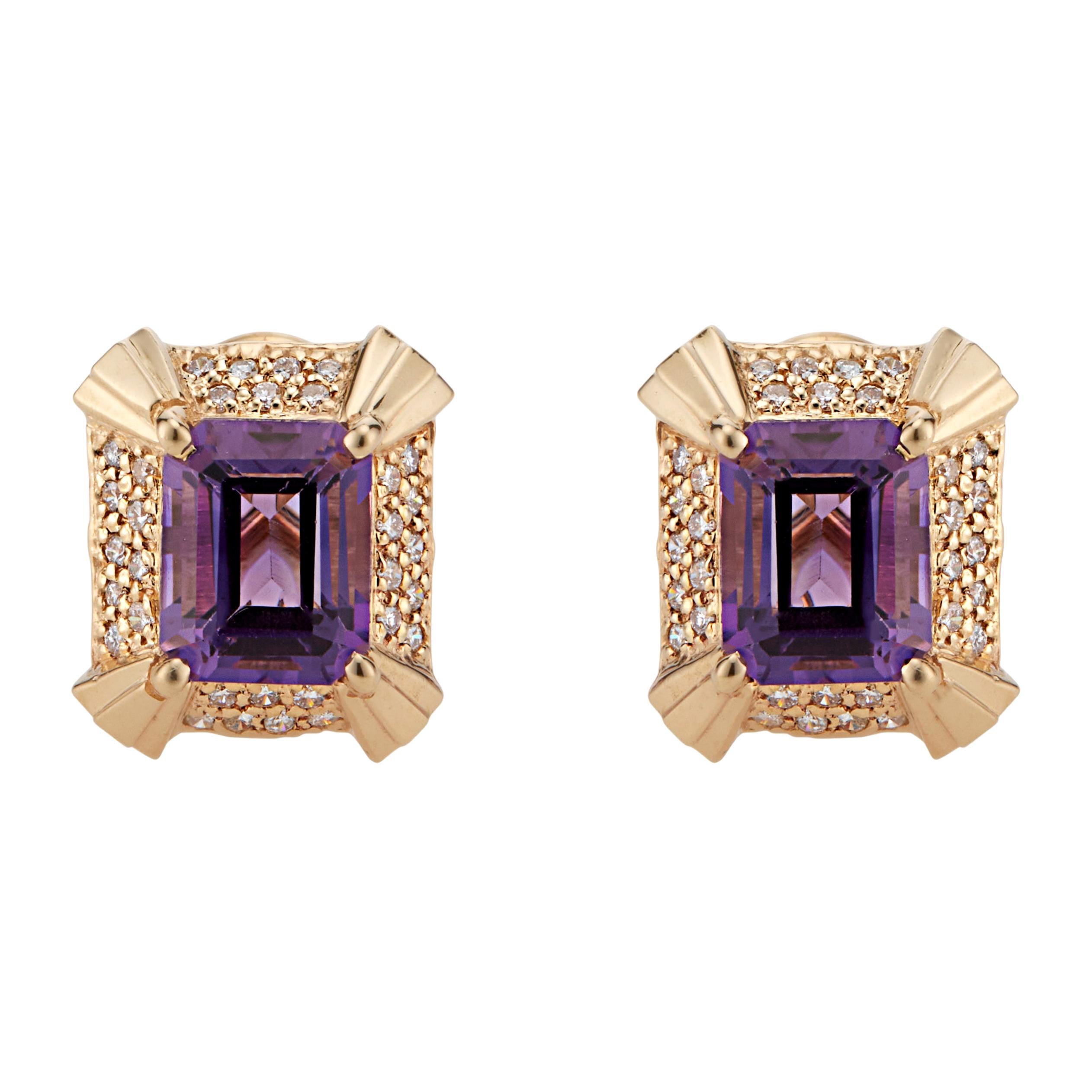 Geometrische gewölbte Ohrringe mit 4,50 Karat Amethyst und Diamant in Gelbgold