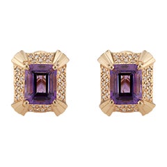 4.50 Carat Amethyst Diamond Yellow Gold Geometric Domed Earrings