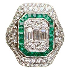 4.50 Carat Art Deco Style Diamond and Emerald 18 Karat White Gold Cocktail Ring