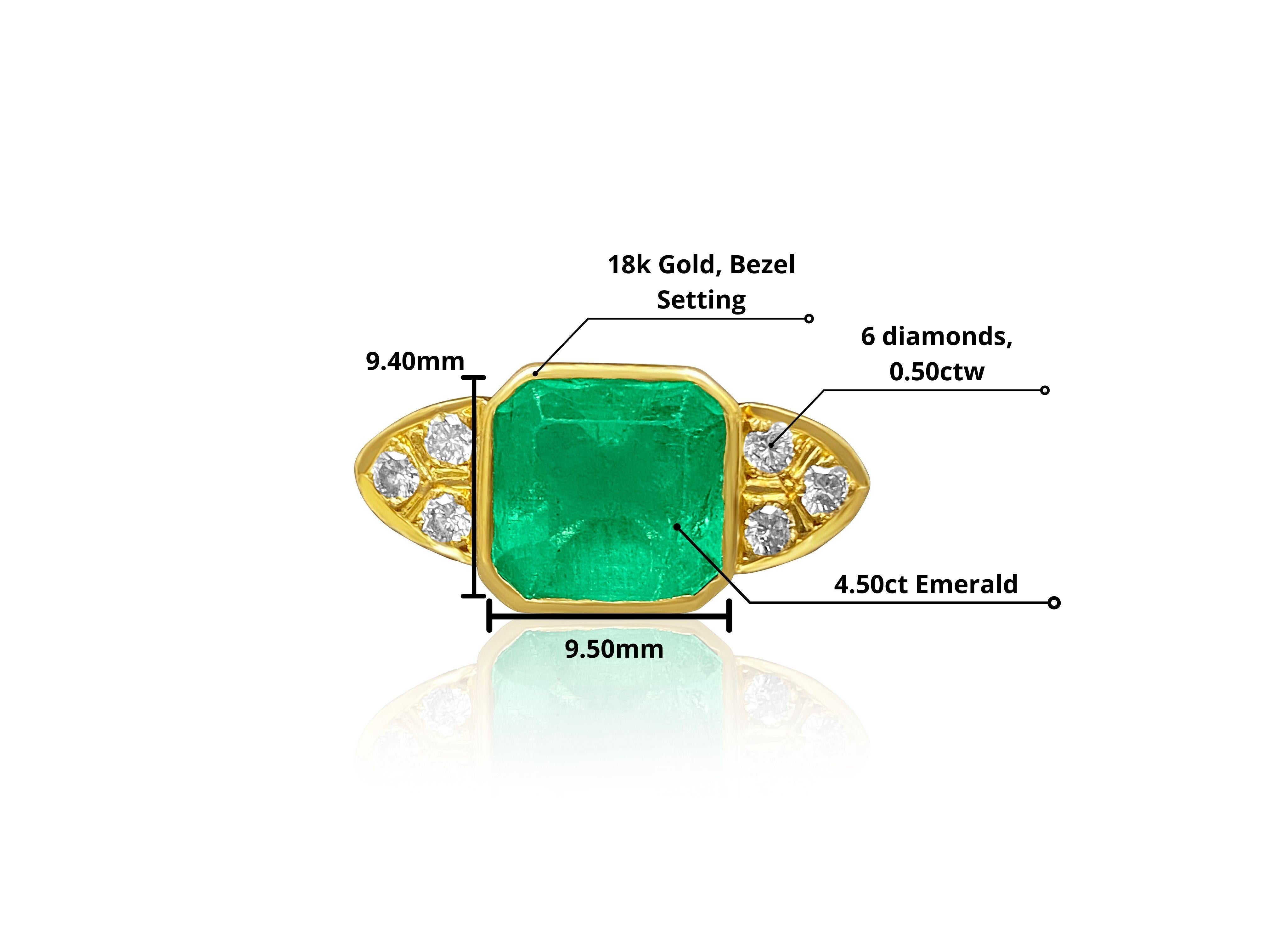 Art Deco 4.50 Carat Bezel Set Emerald and Diamond Cocktail Ring in 18k Solid Gold