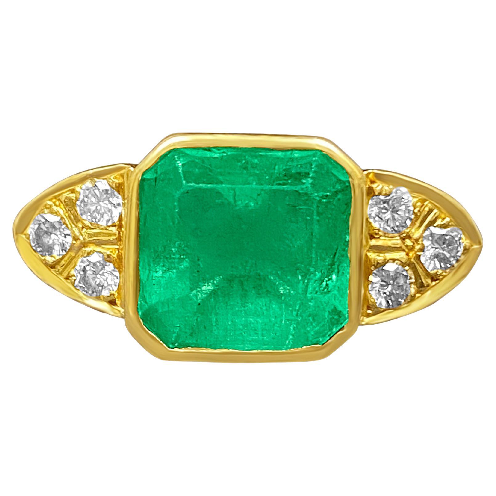 4.50 Carat Bezel Set Emerald and Diamond Cocktail Ring in 18k Solid Gold