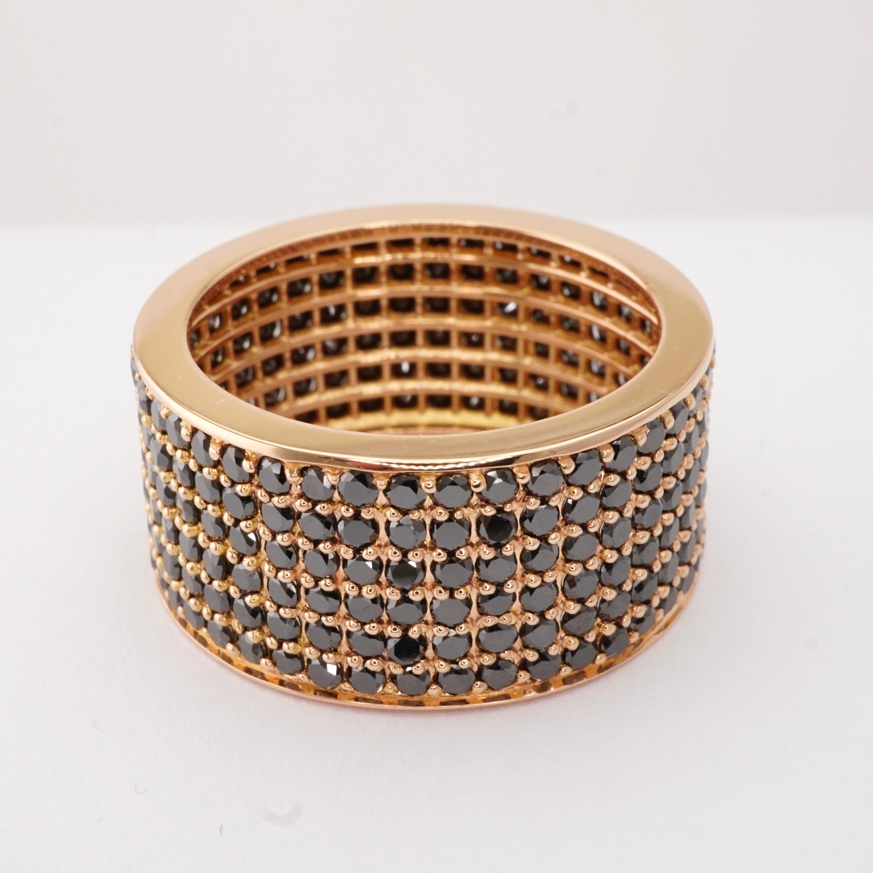 Round Cut 4.50 Carat Black Diamond Micro Pave Eternity Band in 14 Karat Rose Gold For Sale