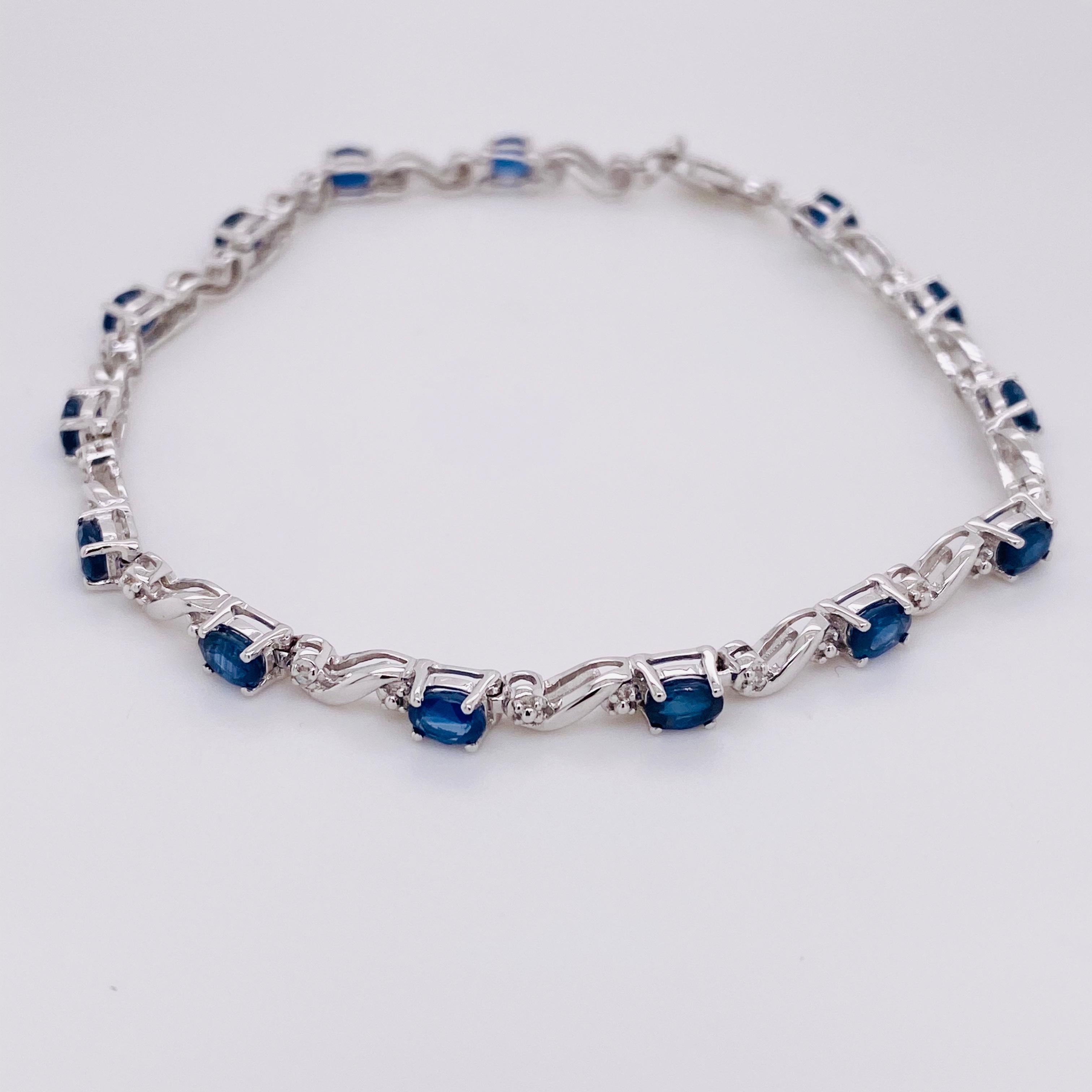 4.50 Carat Blue Sapphire & 0.16 Carat Diamond Tennis Bracelet in Sterling Silver In New Condition In Austin, TX