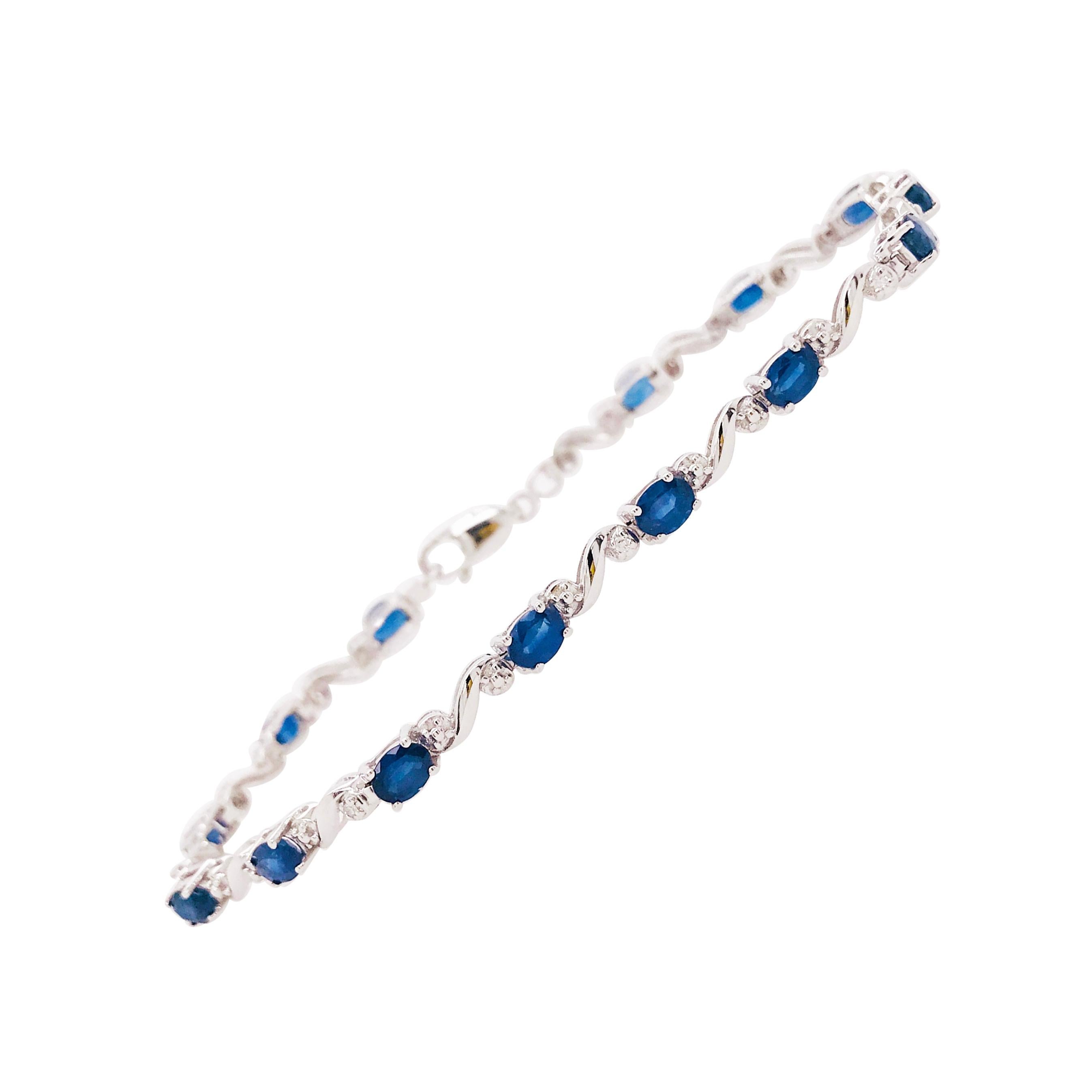 4.50 Carat Blue Sapphire & 0.16 Carat Diamond Tennis Bracelet in Sterling Silver