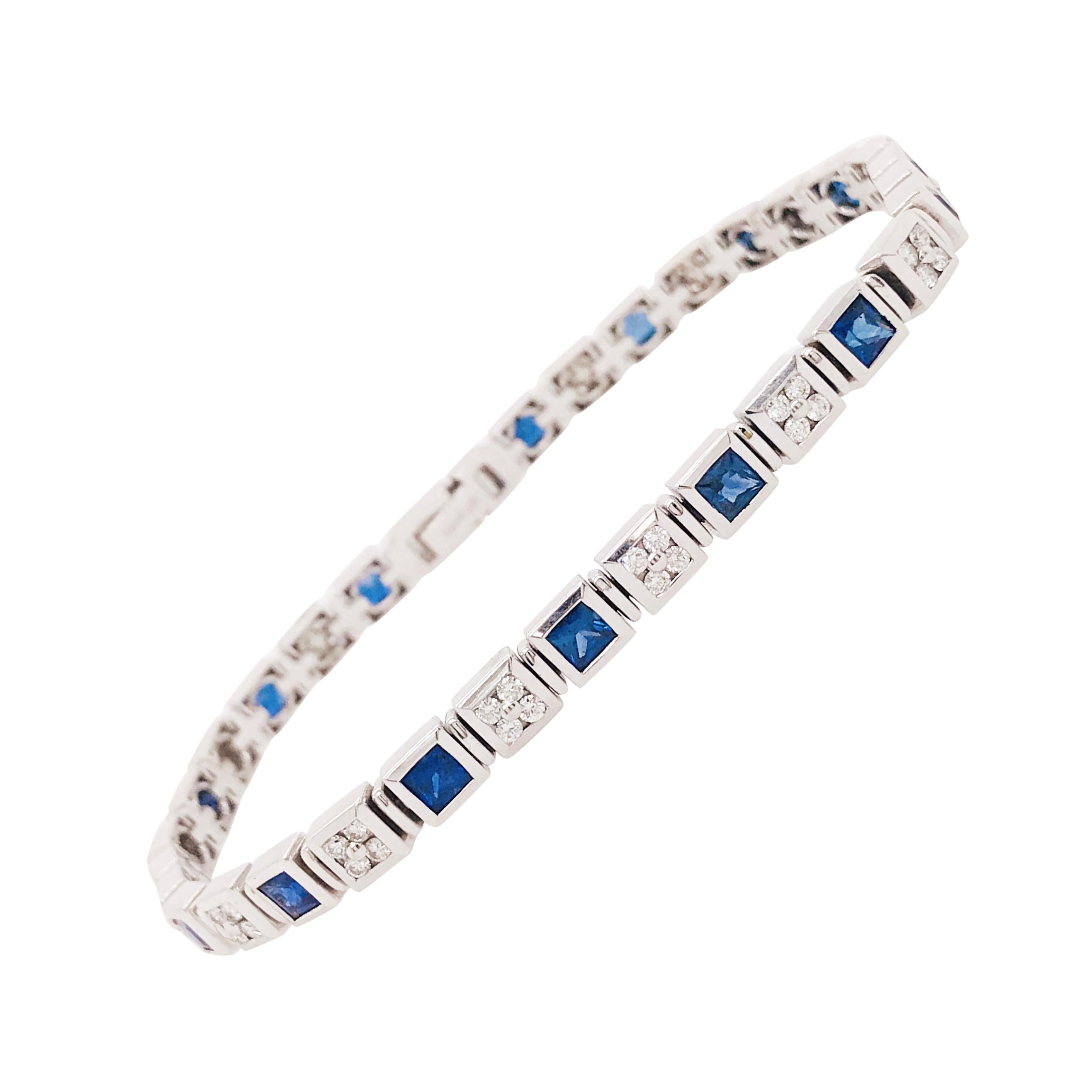 4.50 Carat Blue Sapphire and Diamond Princess Cut Tennis Bracelet, 14 Karat Gold For Sale