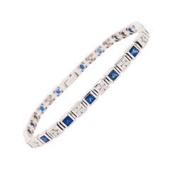 4.50 Carat Blue Sapphire and Diamond Princess Cut Tennis Bracelet, 14 Karat Gold