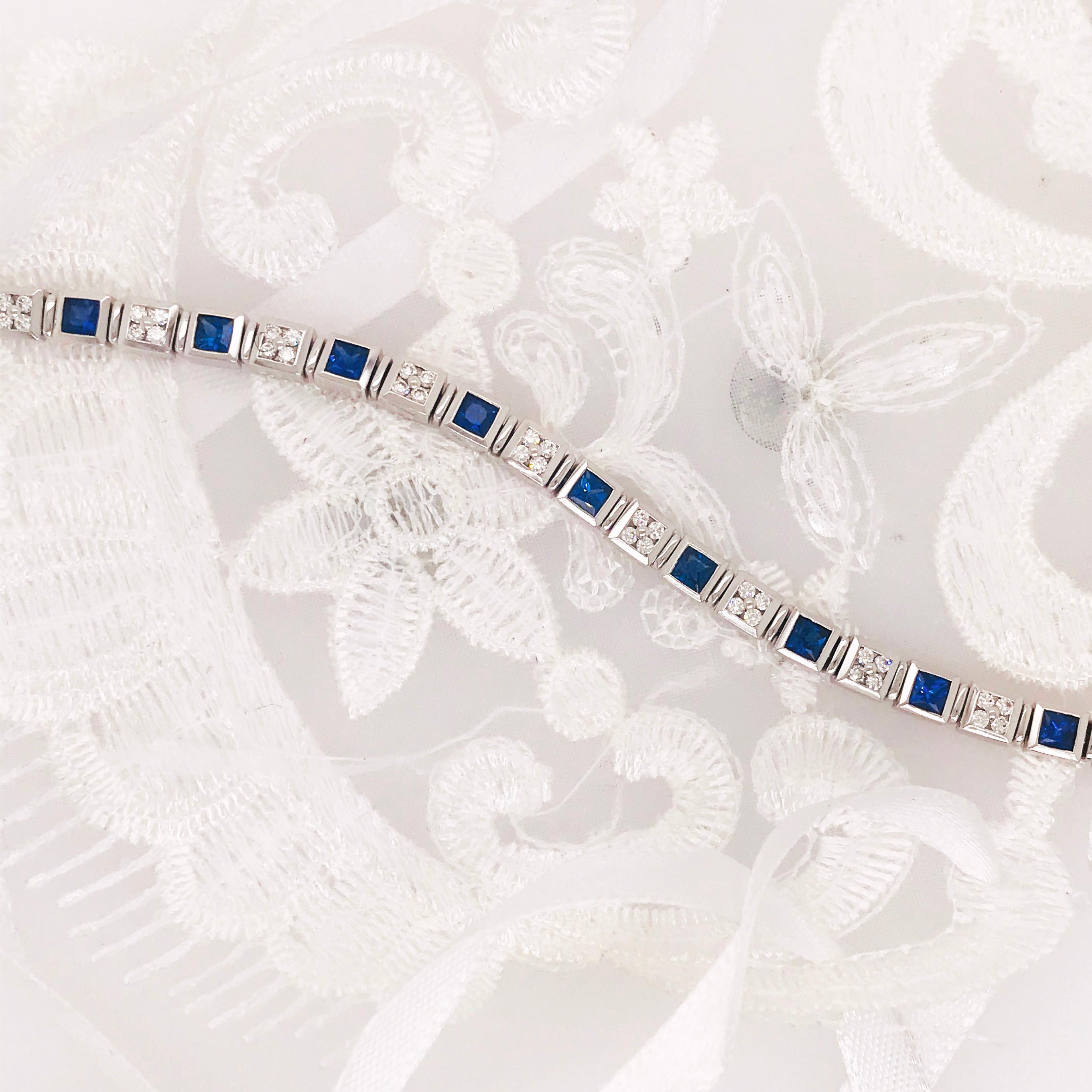 Tennisarmband mit 4,50 Karat blauem Saphir und Diamant im Prinzessinnenschliff, 14 Karat Gold für Damen oder Herren im Angebot