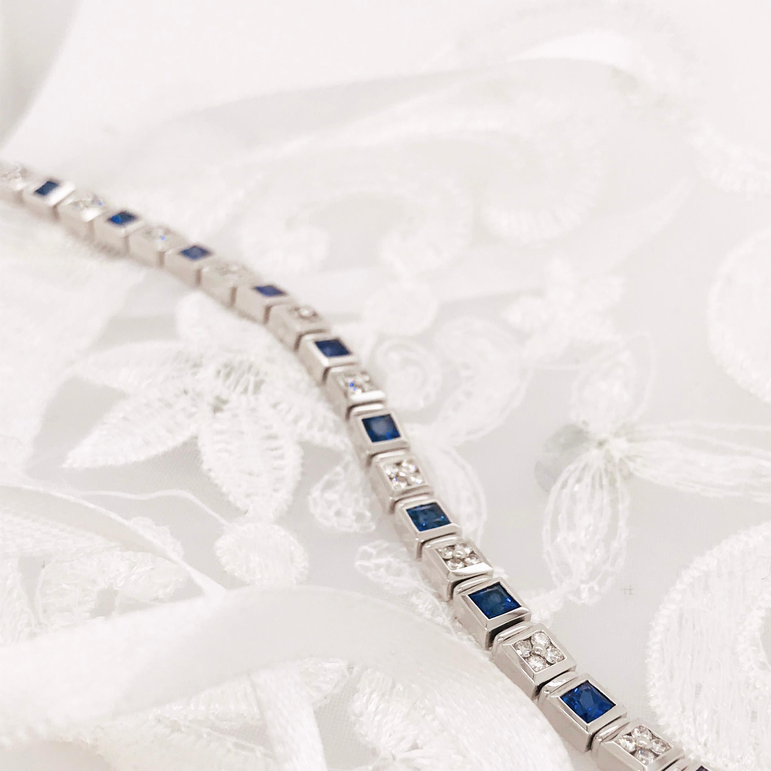 4.50 Carat Blue Sapphire and Diamond Princess Cut Tennis Bracelet, 14 Karat Gold In New Condition For Sale In Austin, TX
